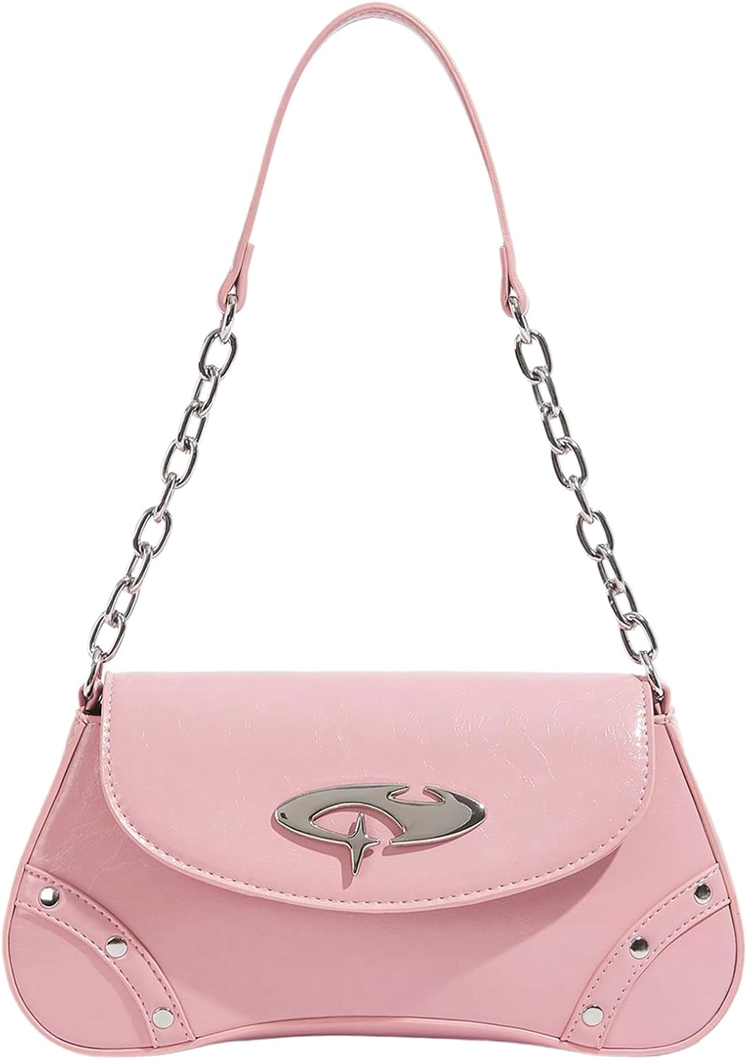 QWINEE Women's Y2K Studded Denim Shoulder Bag Flap Chain Strap Small Underarm Purse Street Handbags