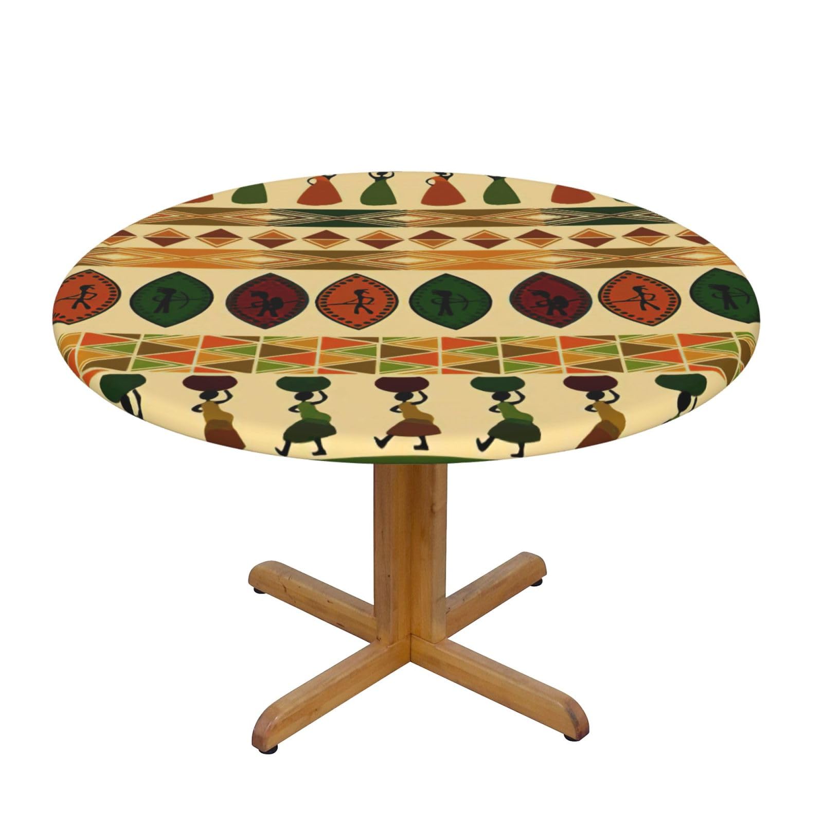 DUWAA Bohemia Style Traditional African Pattern Print Oxford Fitted Table Cover For Patio Picnic, Waterproof Round Tablecloth For Home And Outdoor