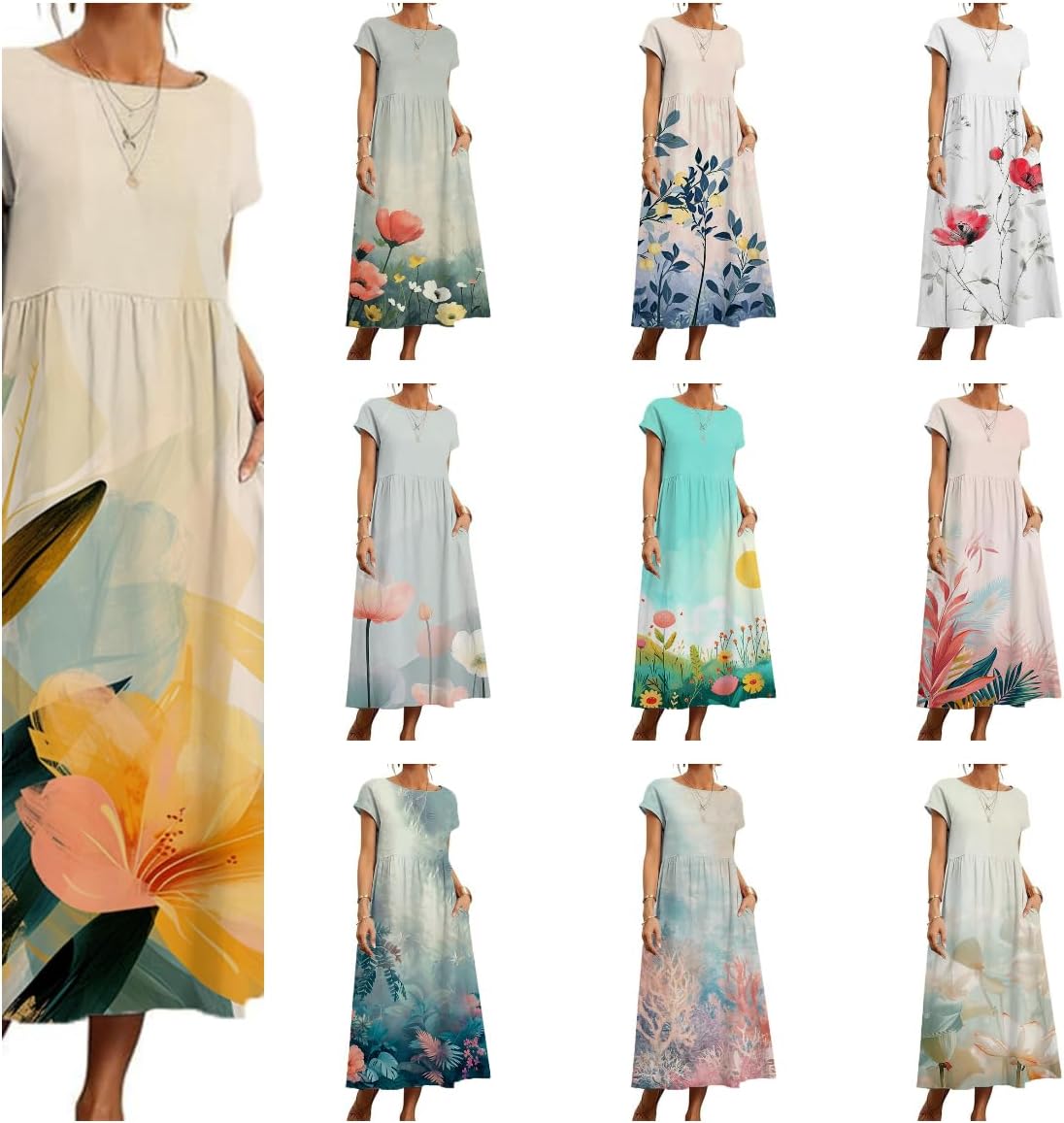 Boho Maxi Dress Floral Cap Sleeve High Waist Smocked Flowy Casual Church Summer Long Womens Tshirt Dress - Image 4