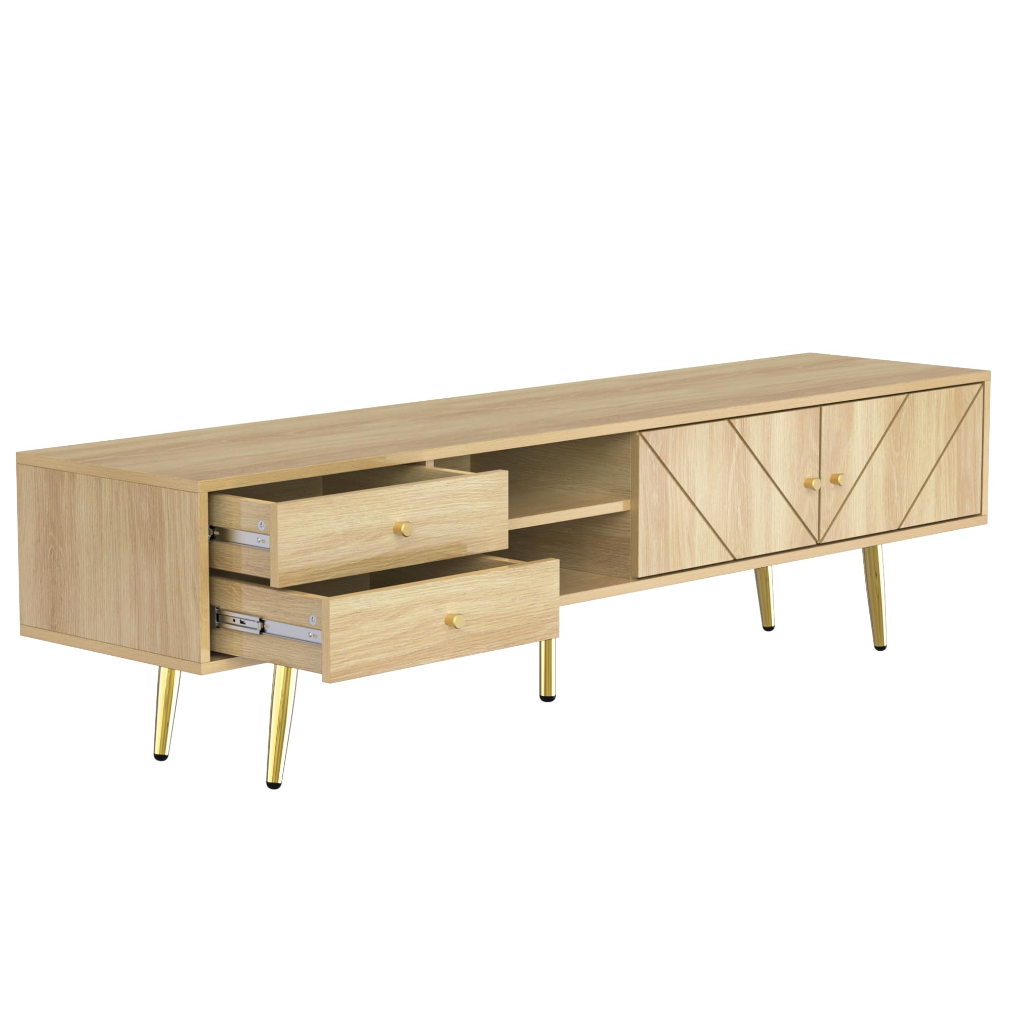 BTM Meuble TV 160 cm avec Pieds dorés - Meuble TV Moderne avec 2 tiroirs et 2 Portes - Durable - Grand Espace de Rangement, Bois - 160x36x42 cm