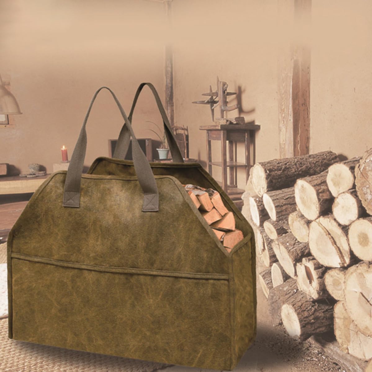 HANABASS Borsa per Trasporto Legna e Rami Capacità di Carico Pesante Portalegna in Tela 16 Ann Canvas Resistente per Campeggio e Lavori Domestici