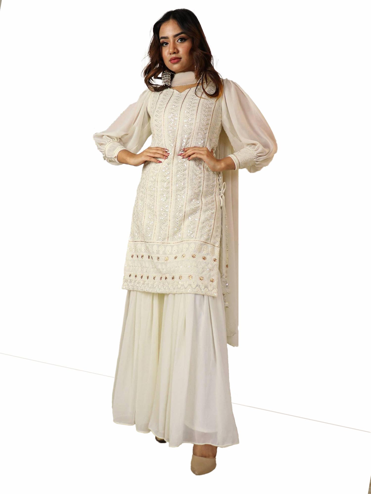Women Off White Georgette Kurta Sharara Set