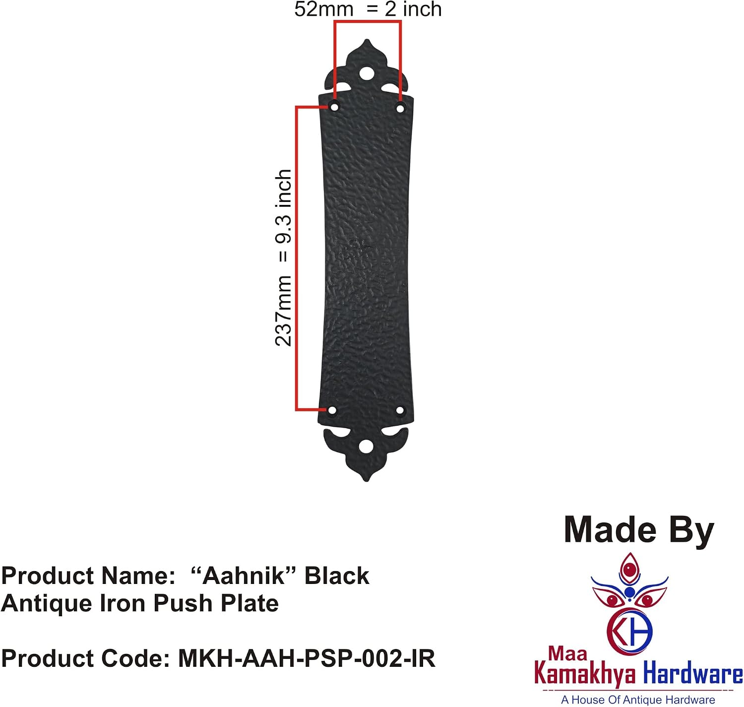 “Aahnik” Black Antique Iron Push Plate (Black Powder Coated Finish) - Supplied as 1 Piece Per Pack
