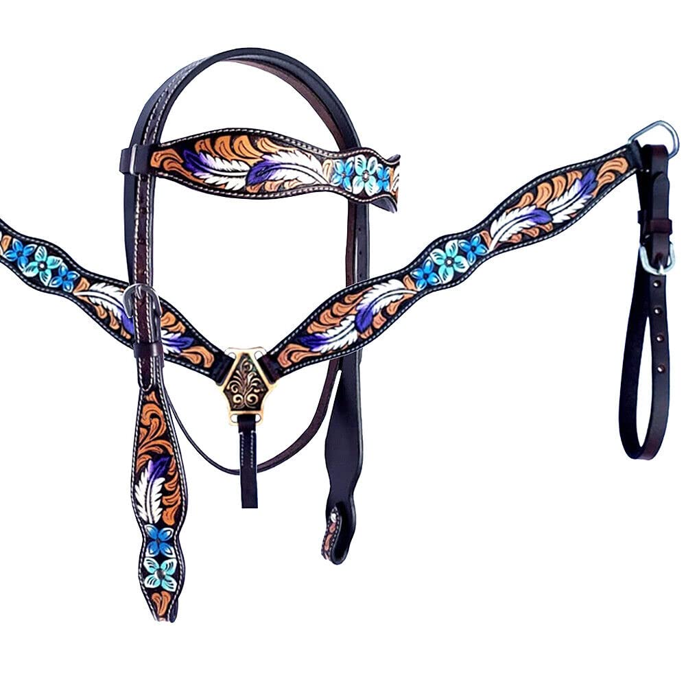 Juego de tachuelas de piel auténtica con cuello y riendas pintadas florales para sillín de caballo occidental ST-009 (pony)
