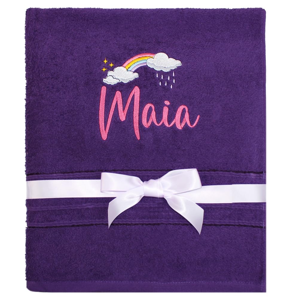 TeddyT's Personalised Rainbow Clouds Embroidered School Swimming Towel (Purple)