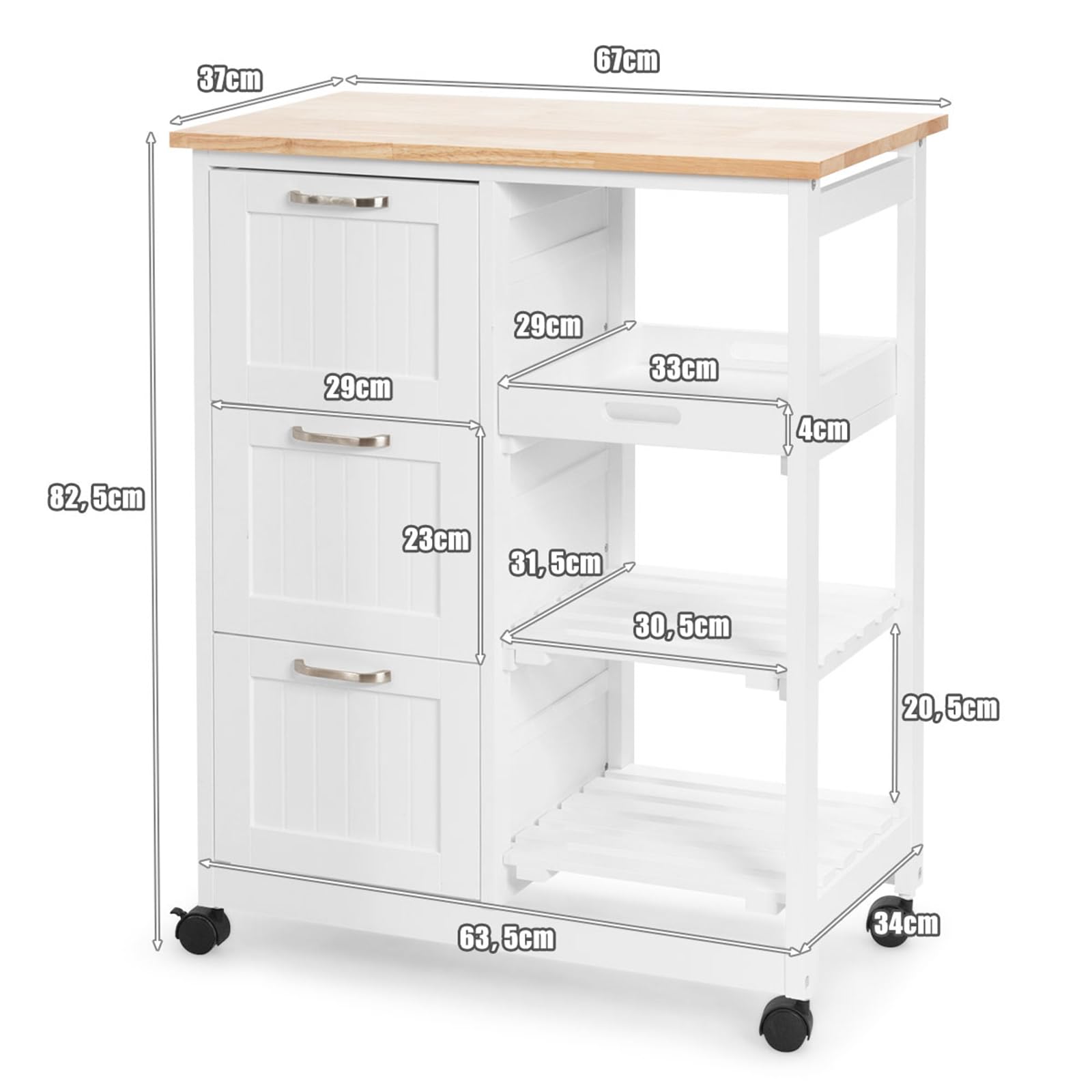 COSTWAY Carrello da Cucina con Ruote, Credenza Cucina con 4 Ripiani e 3 Cassetti, in Legno, Ideale per Cucina Ristorante e Bar, 67 x 37 x 83,5 cm (Bianco)