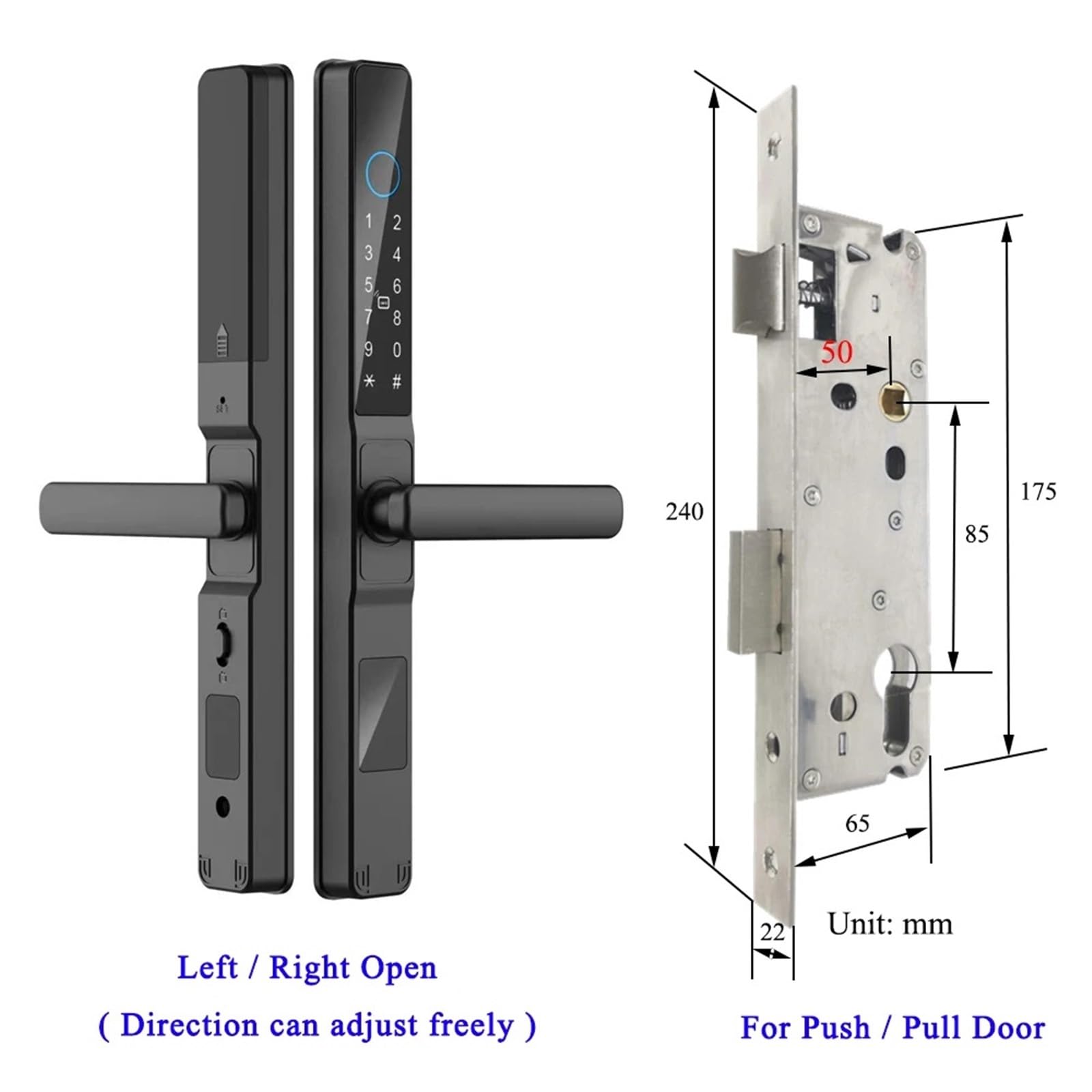 Smart-Türschloss, wasserdicht, Fingerabdruck-RFID-Schloss für Außen- und Innenbereich, Schiebetür mit 2585, 3085, 4085, Einsteckschloss (schwarz, A TTLock 8550)