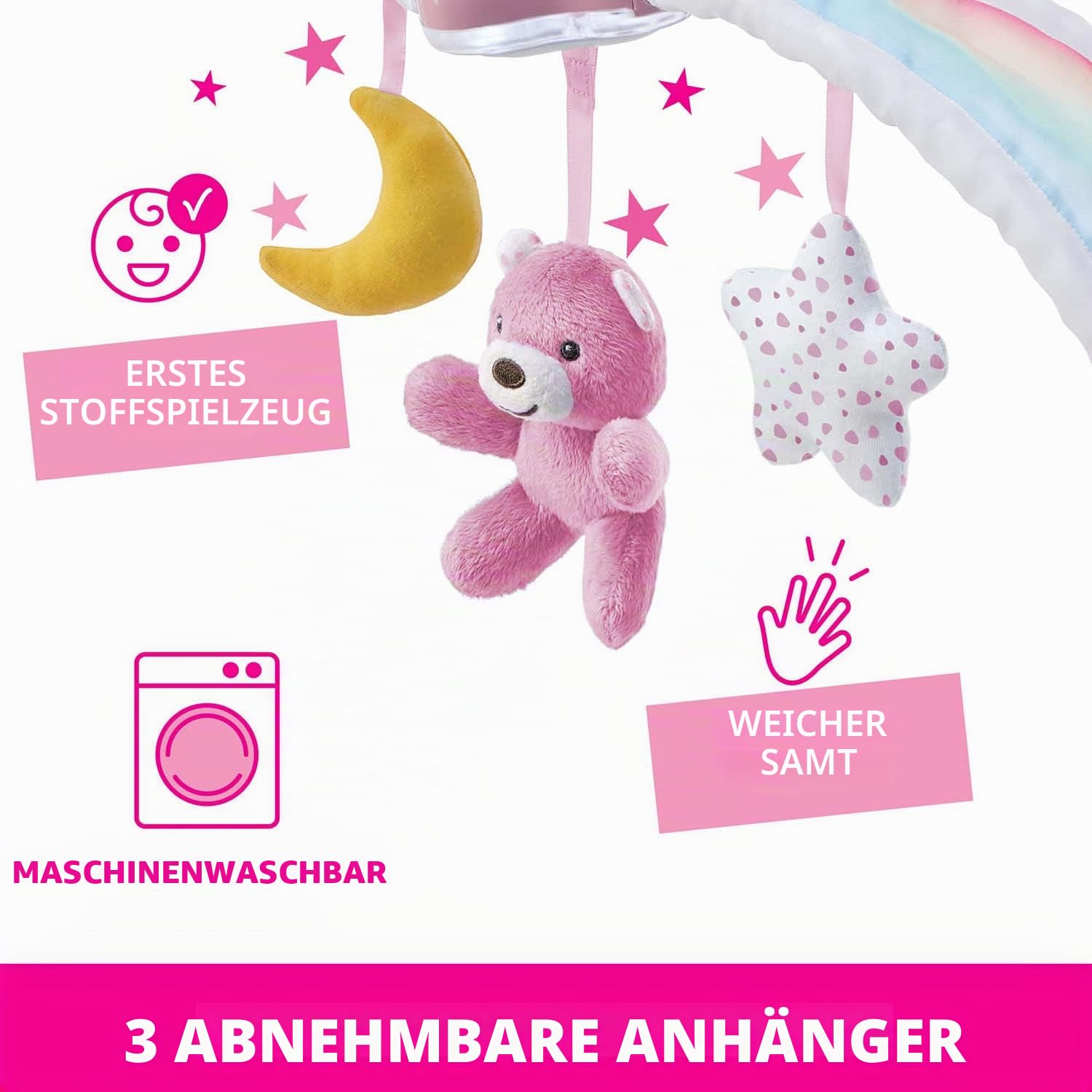 Chicco Regenbogen-Spielbogen für Kinderbett, 2in1 Evolutionskompatibel Next2Me, Babywanne mit Regenbogen und Nachtlicht Kinder mit entspannender Musik und weichen Anhängern - Baby Spiele, ab 0 Monate