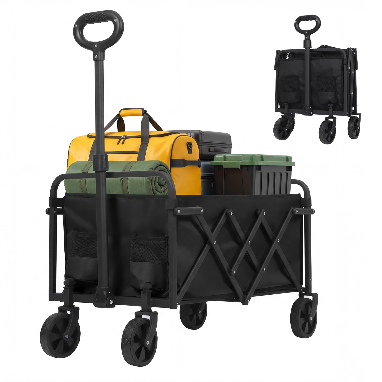 Panana Folding Trolley With Wide Wheels, Foldable Wagon, Portable Camping Cart, Collapsible Trolly With Adjustable Handle, Shopping Trolley Foldaway for Easy Storage (Black, 80L)