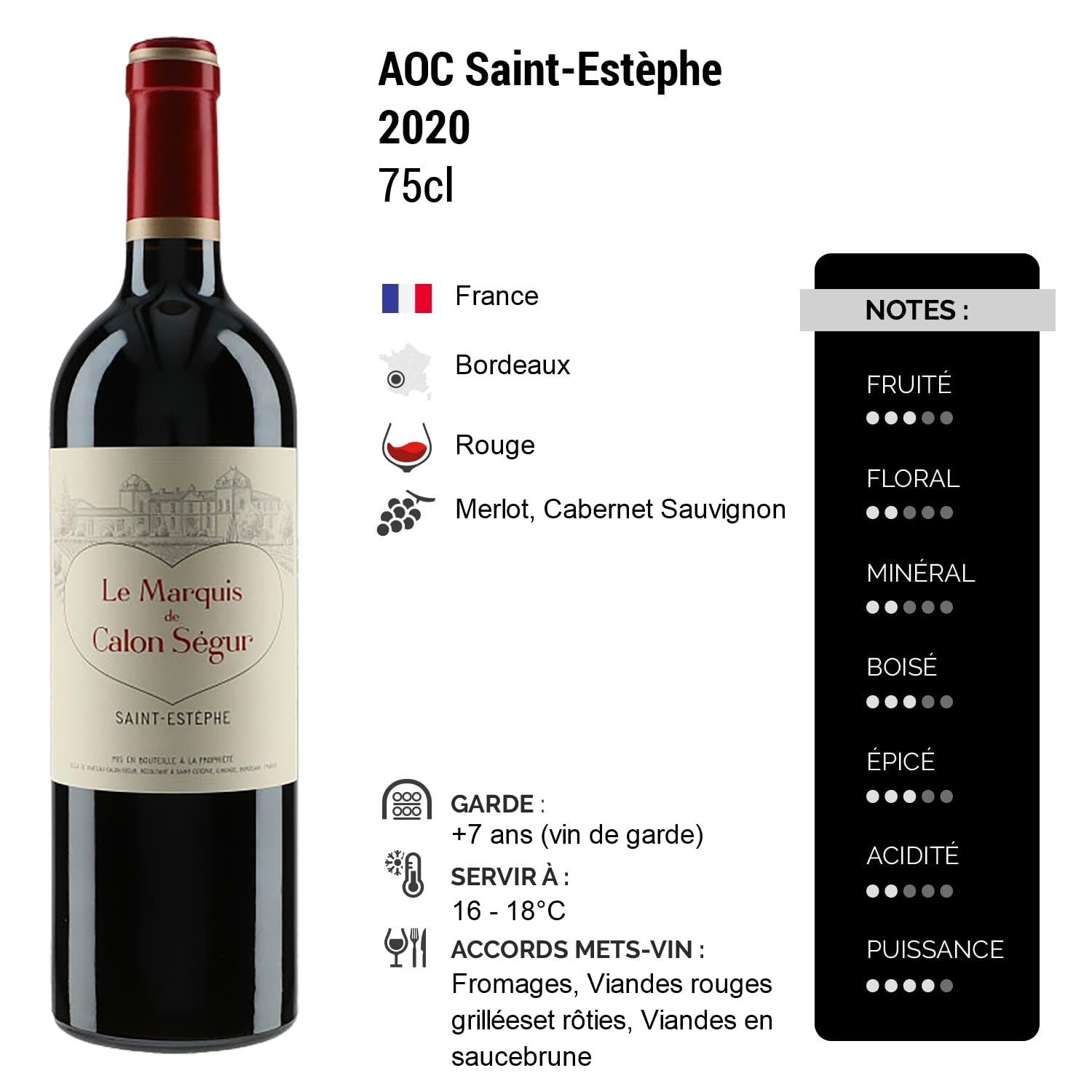 Château Calon Ségur Le Marquis de Calon Ségur - Rouge 2020 - Saint-Estèphe - Vin Rouge de Bordeaux (75cl)