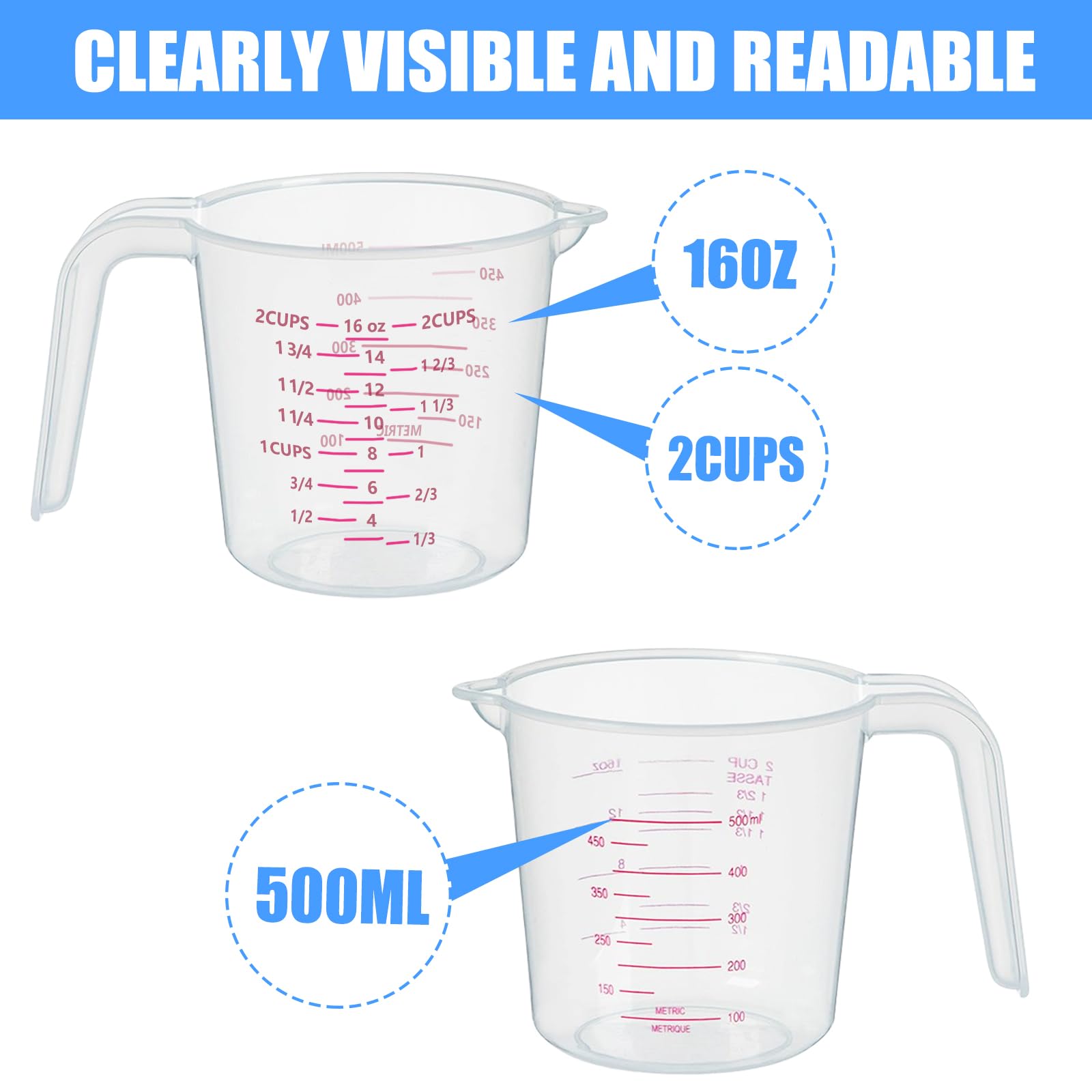 DTDNZKN 3 Pack Measuring Cup Set, Includes 250Ml (1-Cup), 500Ml (2-Cup) and 1000Ml (4-Cup) Plastic Liquid Measuring Cups- Baking, Cooking, Mixing & Measuring Cups, Essential Kitchen Tools