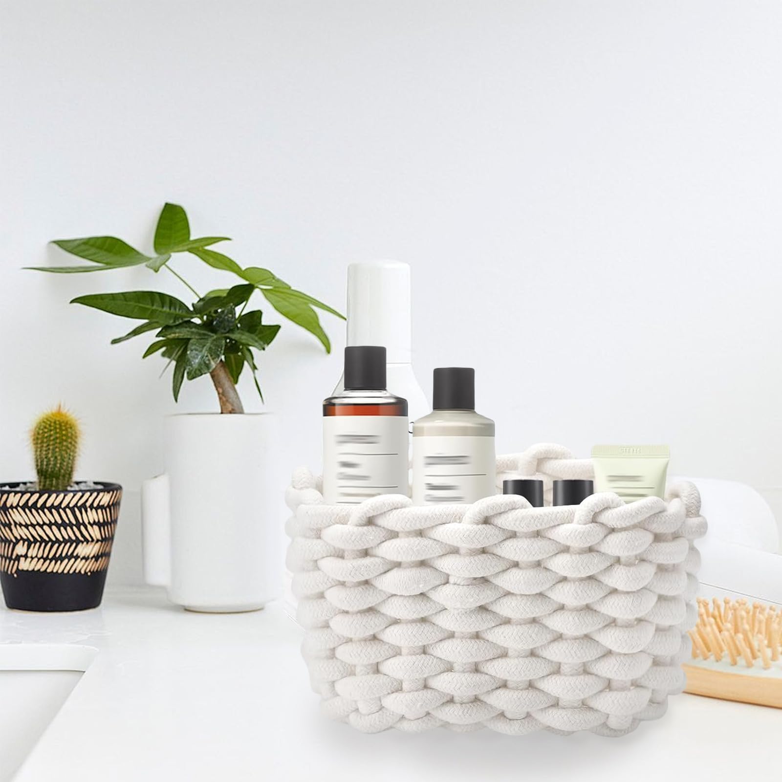 2 Pièces Panier Rangement Bébé Panier de Rangement en Corde de Coton Petit Panier Tressé Carré Paniers de Rangement à Langer Convient pour Chambre de Bébé, Chambre, Salon (Blanc)