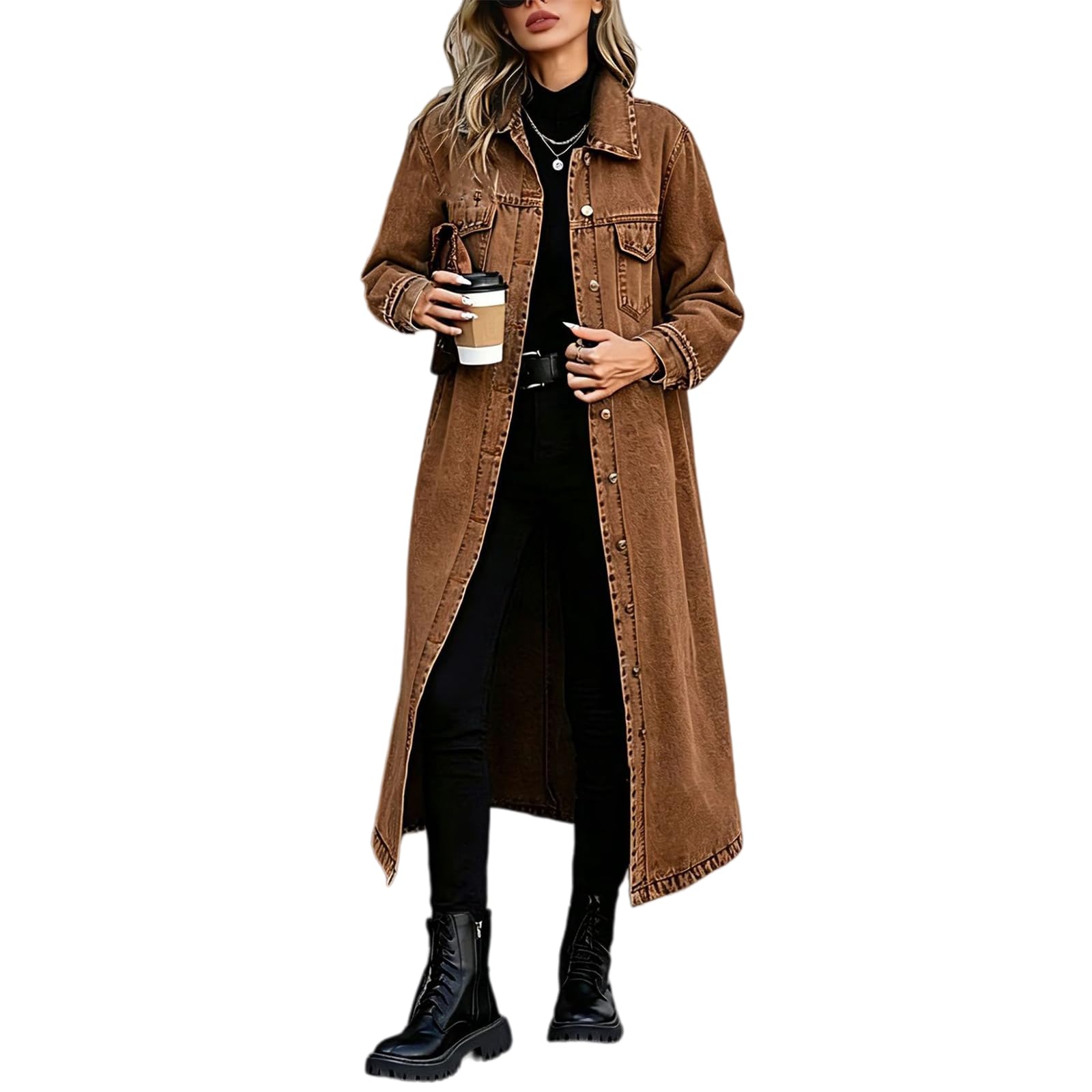 Trench Dżinsowy Długi Damski Klapa Guziki Kurtka Denim Luźna Oversize, karmelowy, XL | Wiatroodporny dżins z praktycznymi kieszeniami bocznymi. Łatwe dopasowanie do innych ubrań. Com, idealny do pracy