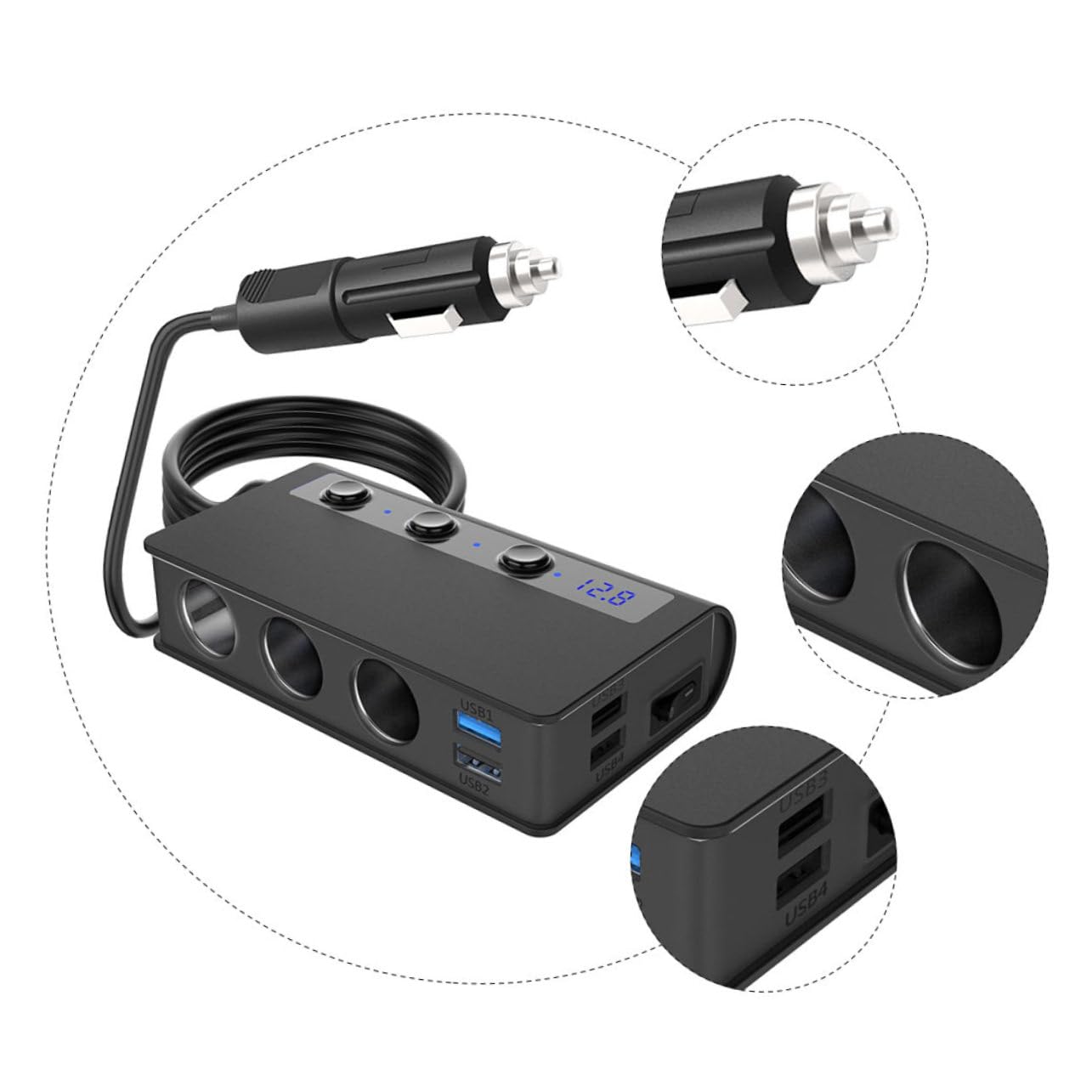 Caricatore Auto 1 a 3 4 Porte Usb, Adattatore Accendisigari 180w, Interruttore Indipendente e Indicatore di Tensione per Auto