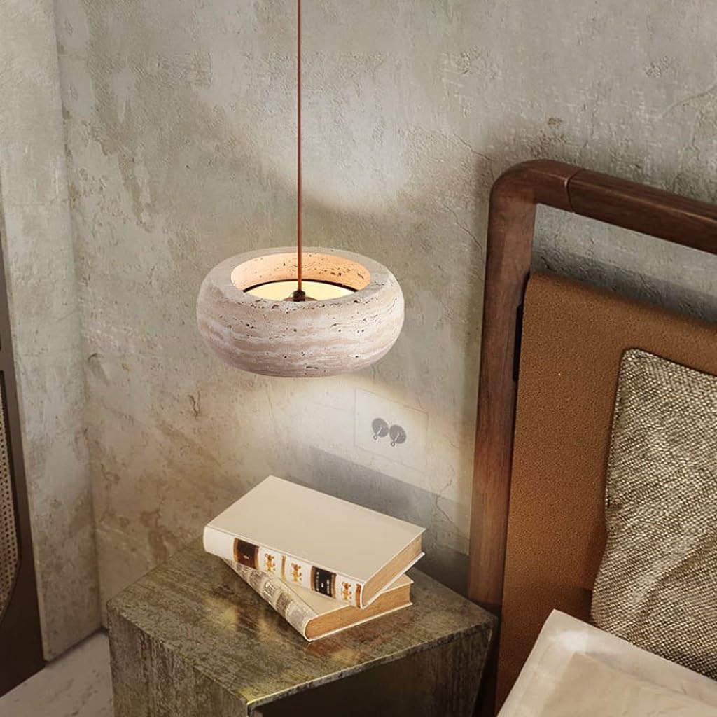 Lustre En Bois À LED Suspension Scandinave En Travertin Jaune Lustre Créatif En Pierre Naturelle De Forme Bombée Style Wabi-sabi Japonai Idéal Pour Salle À Manger Îlot De Cuisine Salon(A)