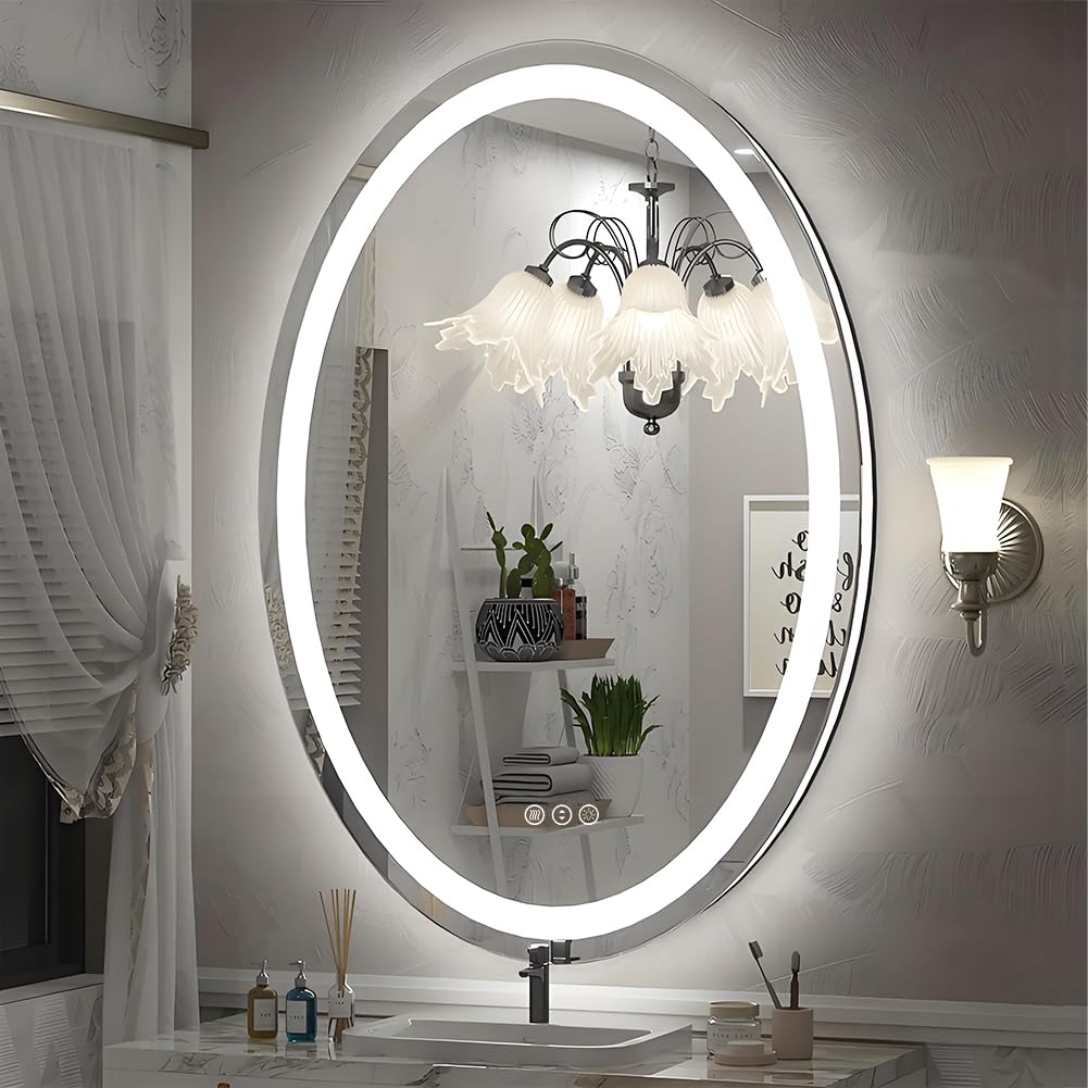 SMIROR 40x30 Oval LED Bathroom Mirror, Lighted Vanity Mirror for Wall, Anti-Fog, Shatter-Proof, Dimmable, Memory, 3 Colors (Front Lights + Backlit)