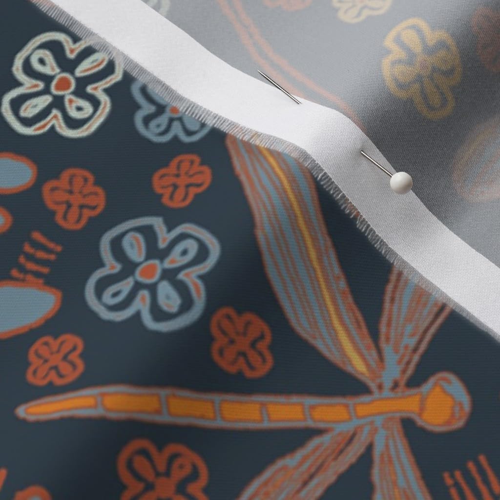 Spoonflower Fabric - Midnight Victorian Orange Pink Flowers Dragonfly Mushrooms Field Printed on Organic Cotton Sateen Fabric by The Yard - Sewing Quilting Apparel Home Decor