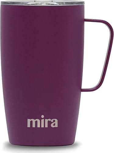 MIRA Taza de café aislada de 18 onzas con asa y tapa, apta para portavasos, acero inoxidable, iris