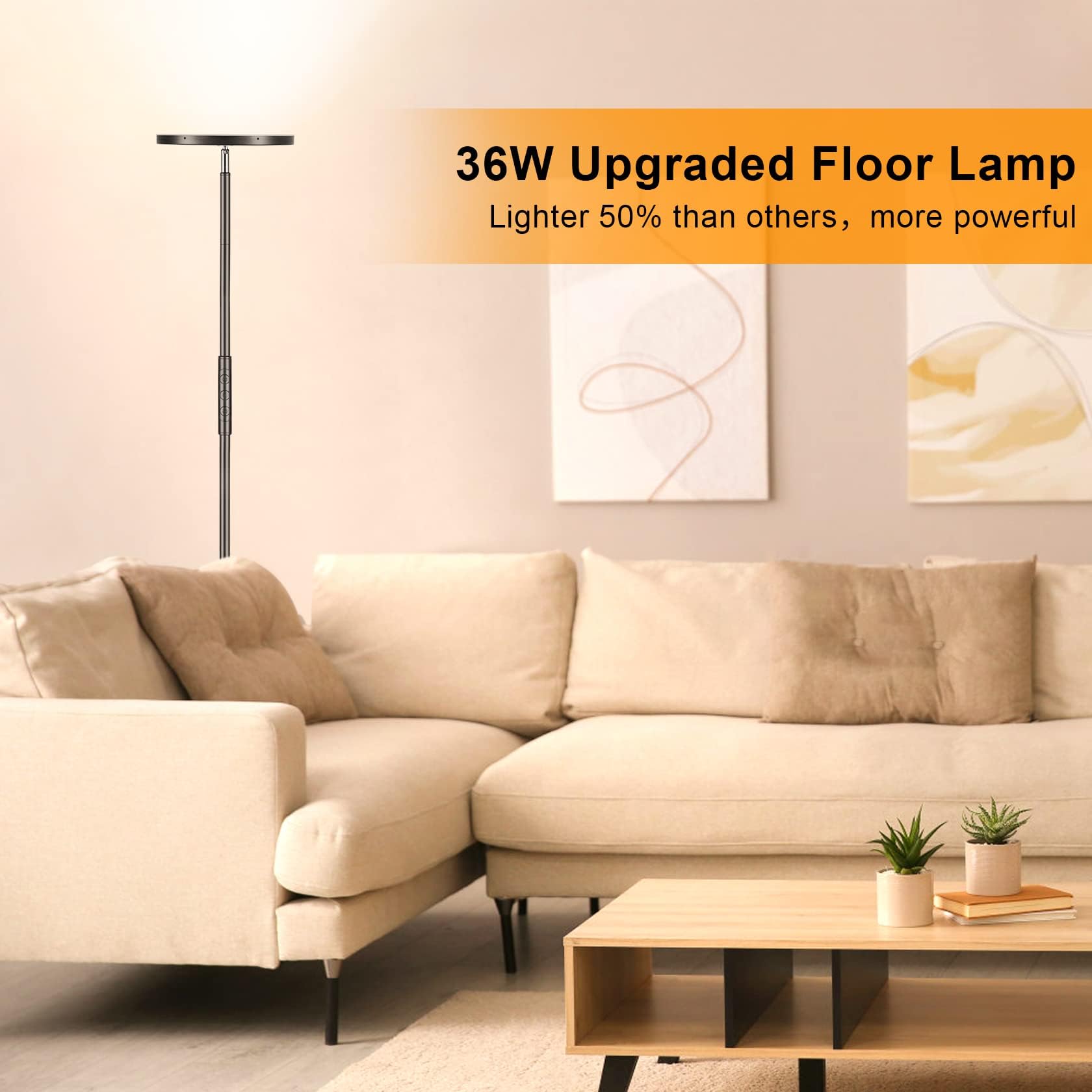 Lámpara de pie, 36W 3600LM Lámpara de pie Super Brillante, 350W Equivalente Moderna Lámpara Torchiere con Mando a Distancia y Control Táctil, 69" Lámpara Alta para Sala de Estar Dormitorio Oficina