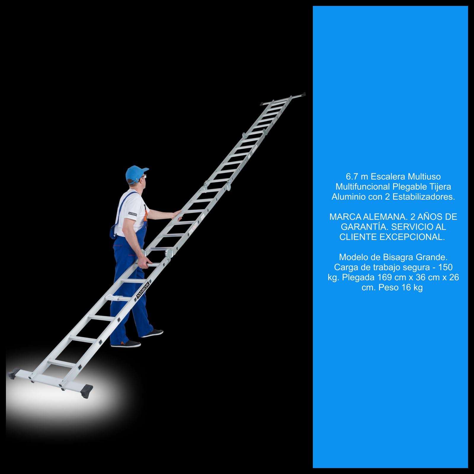 6.7m Escalera Multiuso Multifuncional Plegable 670cm Tijera Bisagra Grande Aluminio con 2 Estabilizadores Nueva Generación Calidad Alta KS6.7