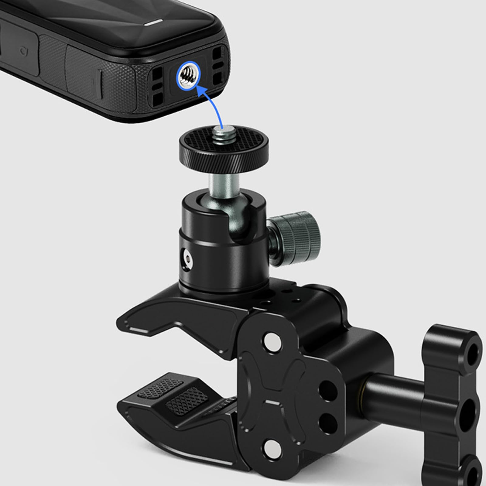 Staffa di morsetto per fotocamera in alluminio resistente alle intemperie per monitor microfoni DSLR 1/4 "Adattatore a sgancio rapido Morsetto per fotocamera ad angolo regolabile per esterni