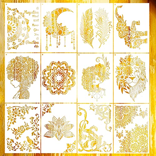 12 Pcs Mandala Stencil Large Stencils for Painting on Canvas Moon Elephant Boho Stencil Floral Feather Border Floor Stencil for Painting on Wood Reusable Drawing Stencil for Crafts Decor (A4 Size)