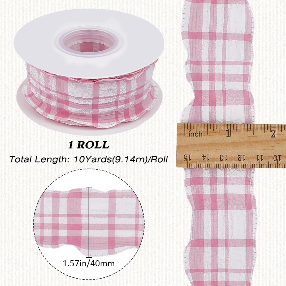 CABODYALS 9.14M 40mm Pink Gingham Ribbon Checkered Double Chiffon Ruffled Plaid Trim Wrinkled Edge Polyester Ribbons with Spool for Gift Wrapping Bow Wedding Invitations Bouquets Diy Christmas Decor - Image 2
