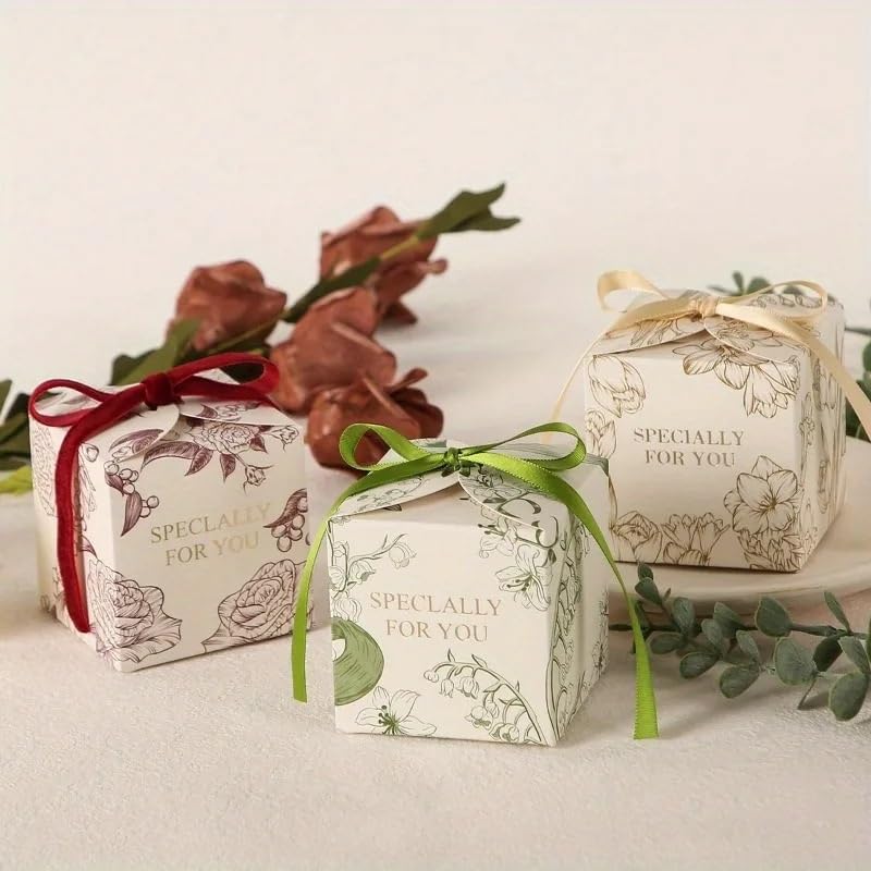 Geschenkbox 30/40/50 Stück Blumen-Geschenkboxen mit Schleife | Elegante Geschenkboxen aus Papier in Pastellrosa mit weißen Blumen for Hochzeiten, Geburtstage und Partys(Red,50pcs)
