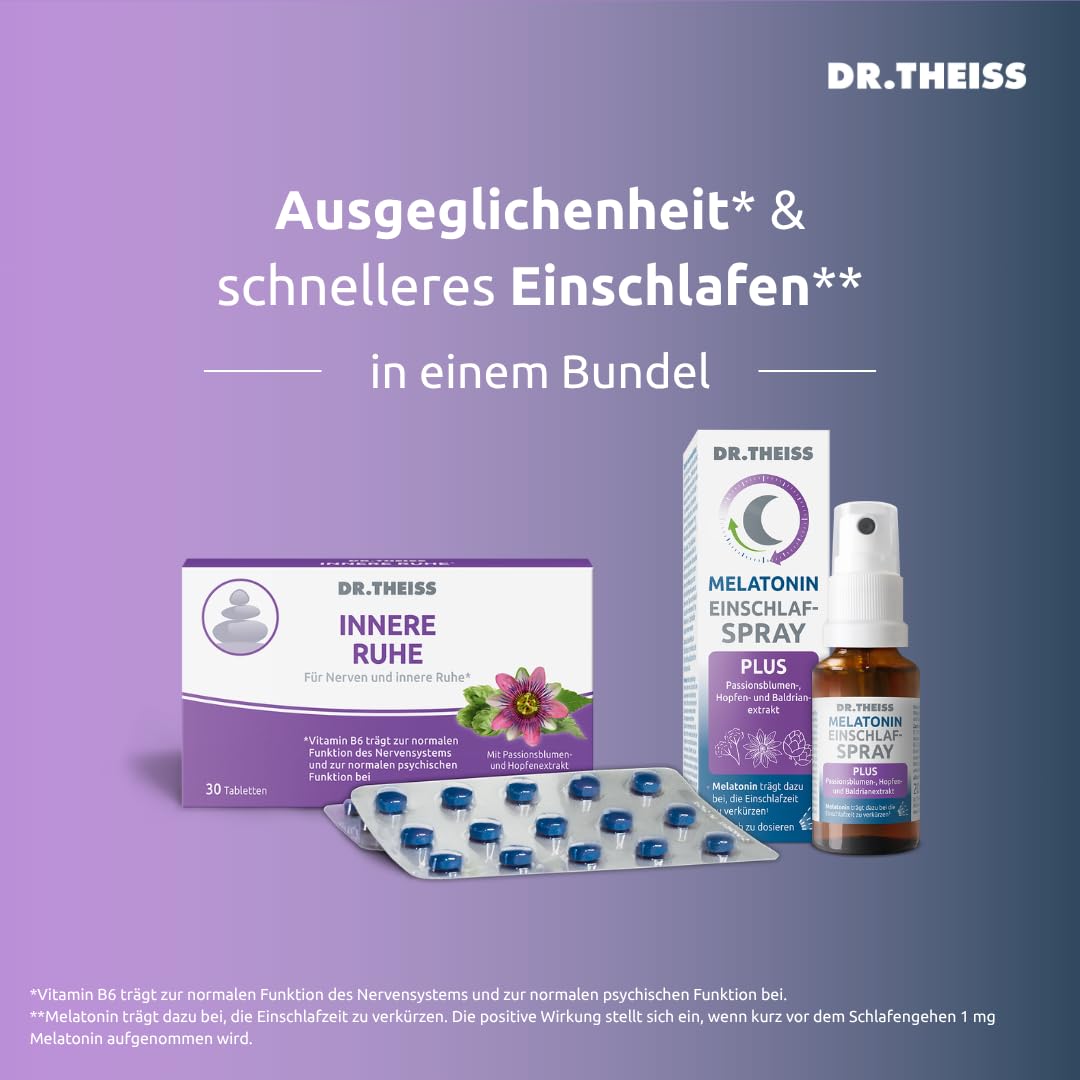Dr. Theiss Schlaf & Entspannungs-Bundle – Melatonin Einschlafspray + Innere Ruhe Tabletten – Natürlich einschlafen und innere Balance bei Stress, Unruhe & nervösen Phasen