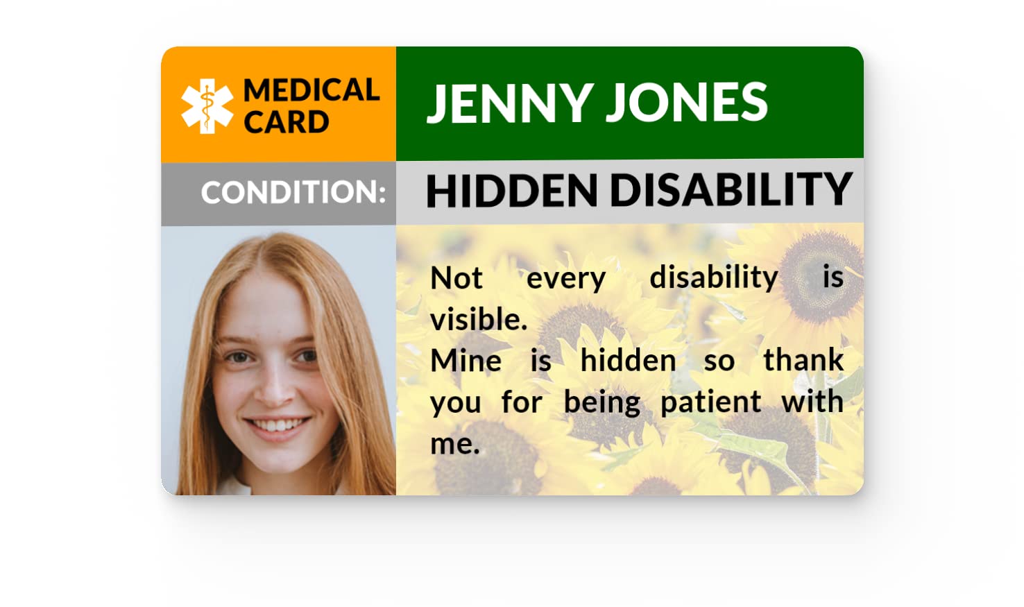 The Card Project UK Hidden Disability Awareness Sunflower Photo Medical ID Alert Card