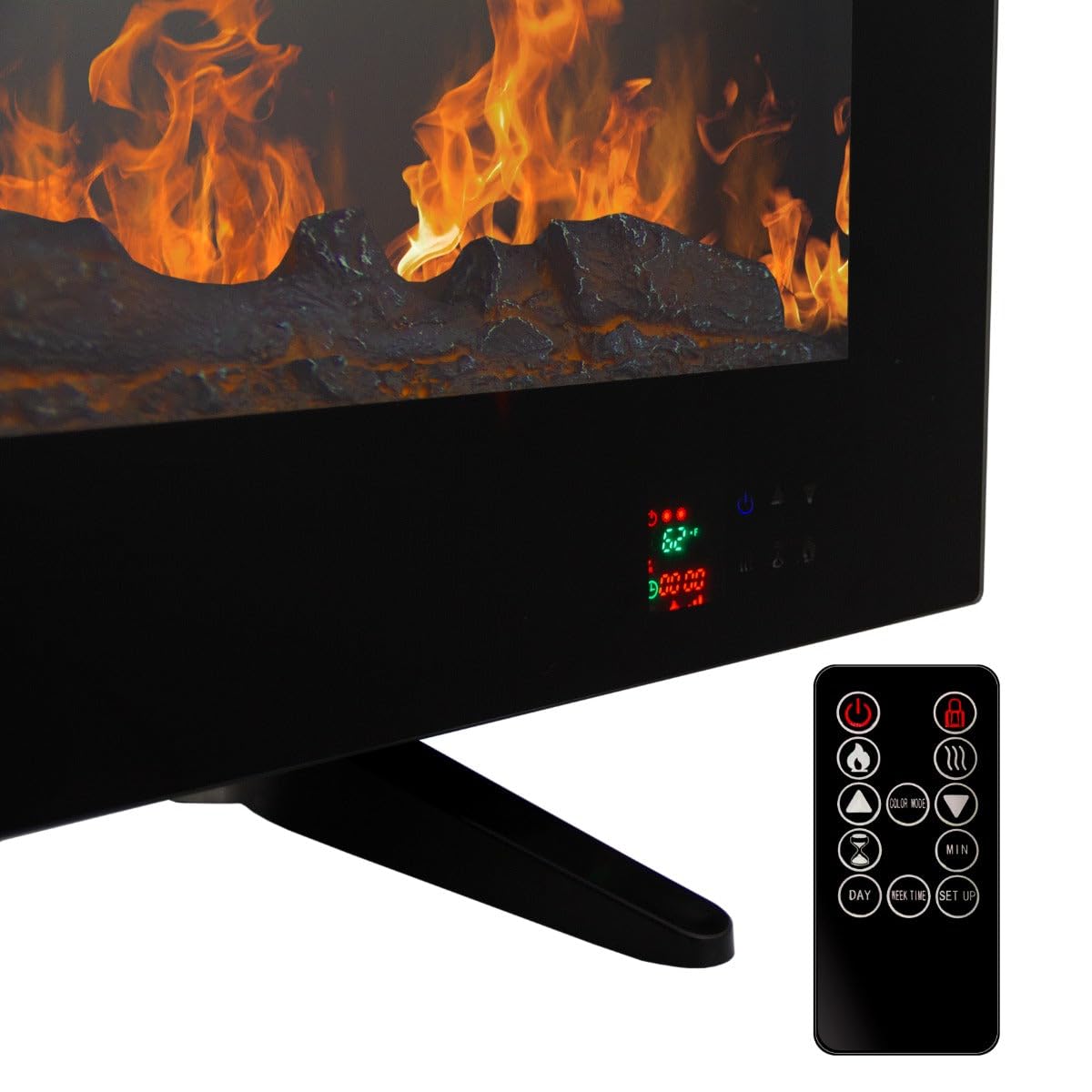 Camino Elettrico da Incasso o Indipendente, 12 Colori di Fiamma Variabili e Luminosità Regolabile con Telecomando Sassolini e Cristalli e Effetto Tronchi 950W 1850W 15-35 Gradi - 50 Pollici
