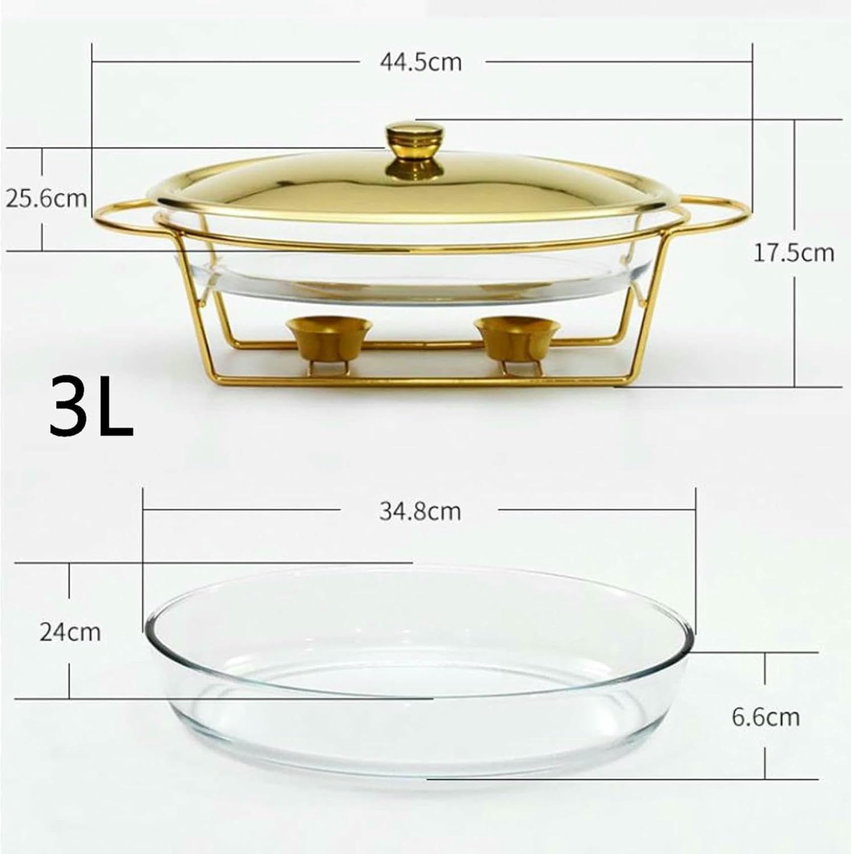 Zestaw w formie bufetu, 3 l, owalny pojemnik na podgrzewacz do żywności ze szklanym pojemnikiem, metalowa pokrywka, stojak ze stali nierdzewnej, na imprezy, bufety, wesela, imprezy, bankiety
