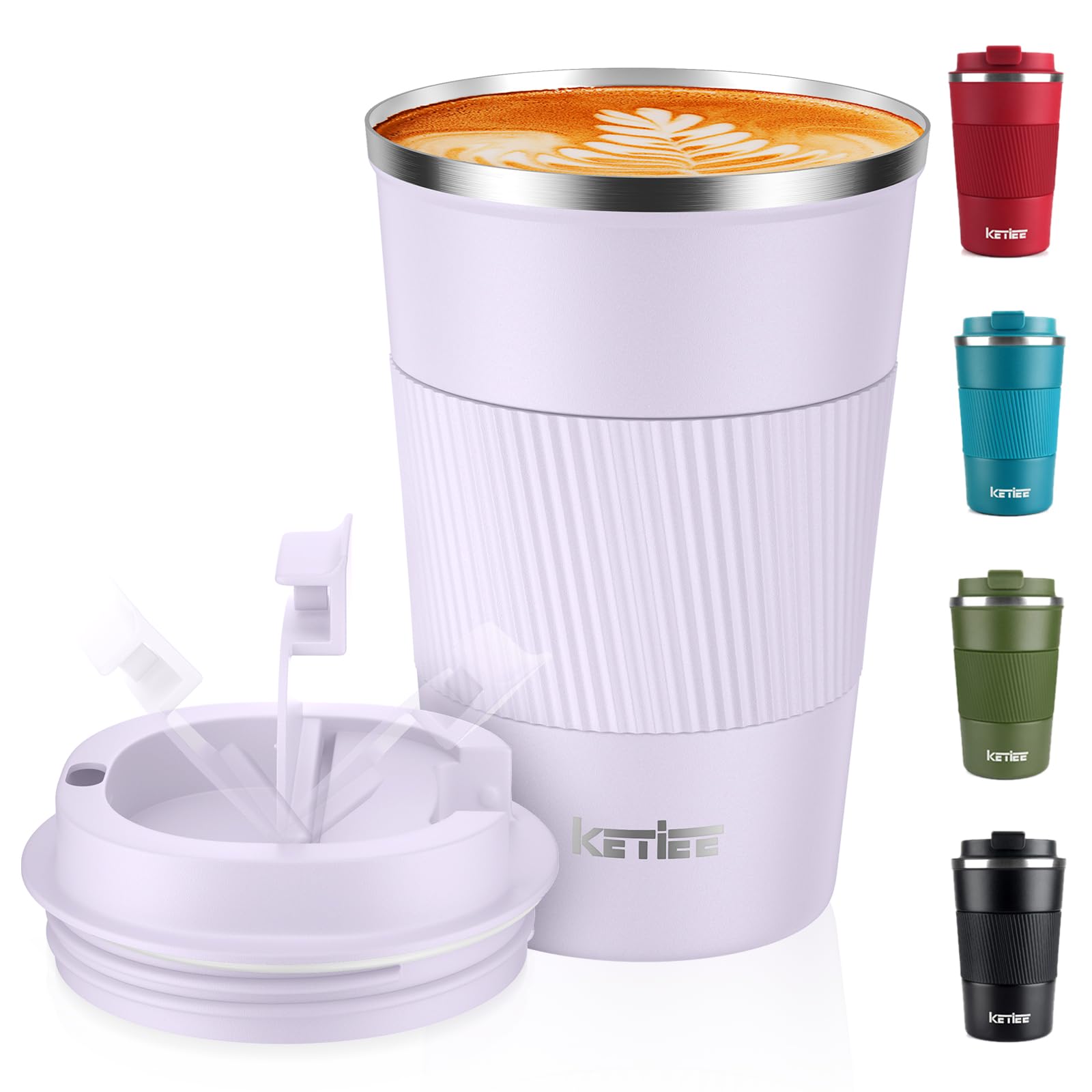 KETIEE Kaffeebecher to go,380ml Thermobecher Kaffee-to-go,Kaffeebecher Thermo,Doppelwandig Reisebecher Travel Mug,Vakuum Isolierbecher mit auslaufsicherem Deckel für Kaffee und Tee,Hellviolett