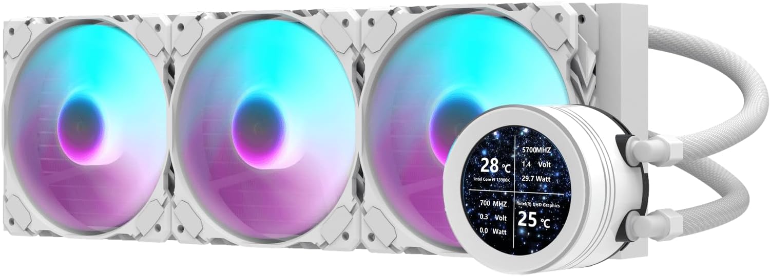 Darkflash DN360S-360mm AIO Liquid CPU Cooler, Customizable 2.1 inch LCD Display, 120mm*3 ARGB PWM Fans, Supports latest LGA 1700,1200,115X, AM5/AM4/AM3 Sockets, Low Noise Liquid Cooler (White, DN360S)