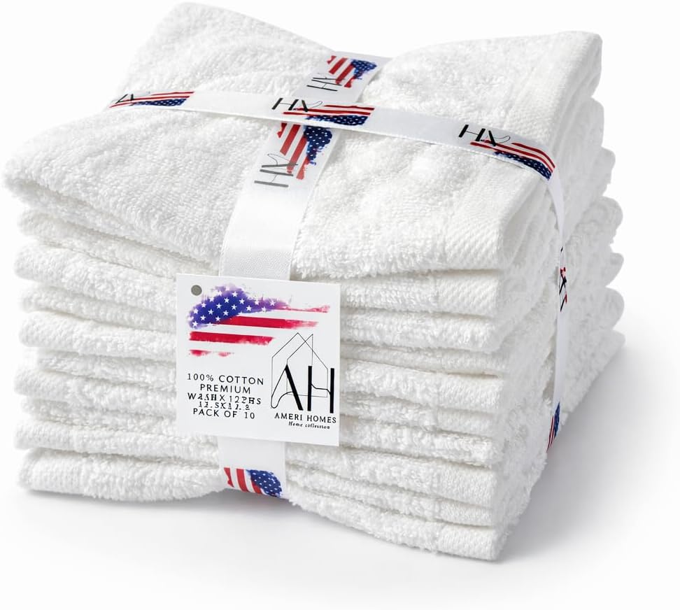 Cotton Washcloths Pack of 10, Soft Absorbent Face Towels, 100% Ring Spun Cotton, 488 GSM, 12.5 x 12.5 Inches, White Wash Cloths for Bathroom, Gym, Spa & Travel