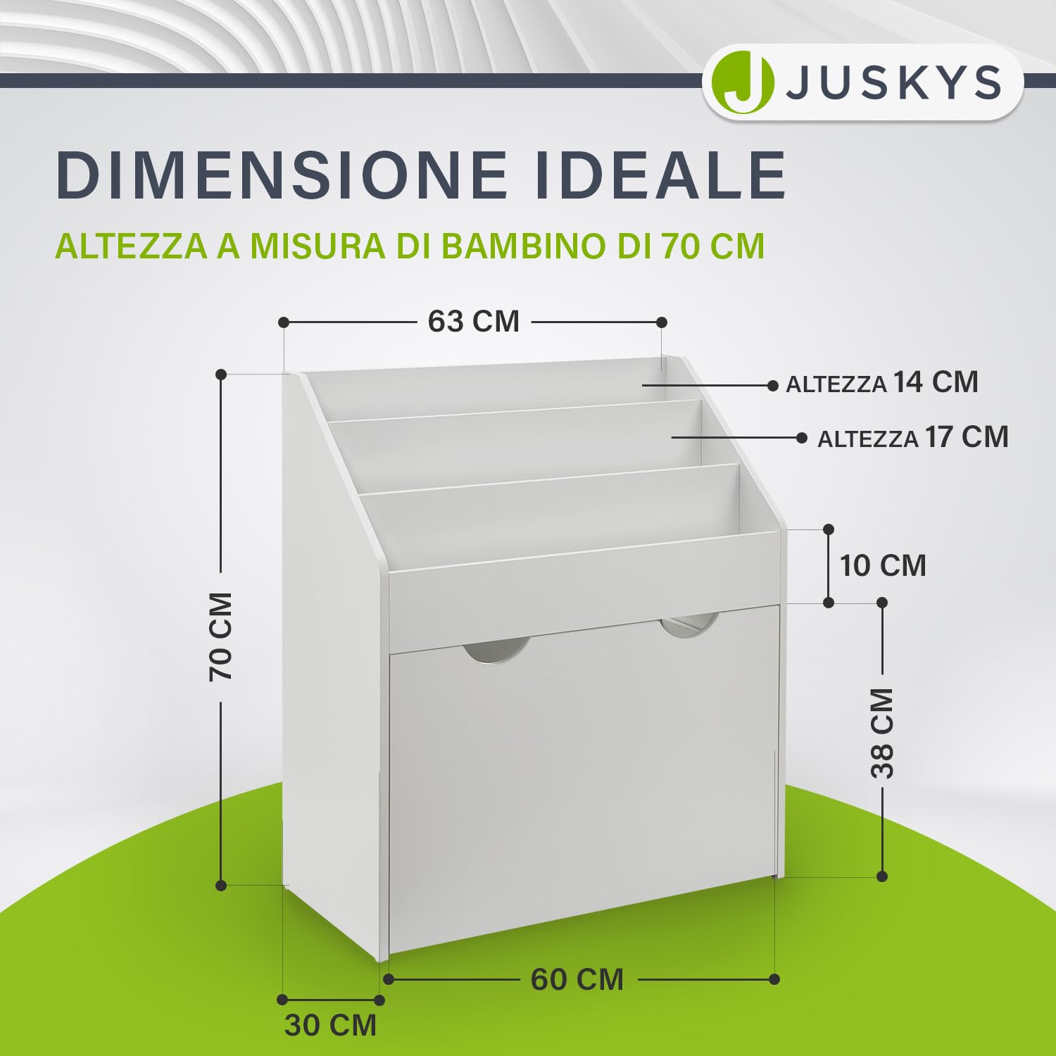 Juskys Libreria bambini con 3 scomparti e portagiochi - Scaffale legno bianco - 63x30x70 cm LPA - Organizzazione di libri e giocattoli in cameretta