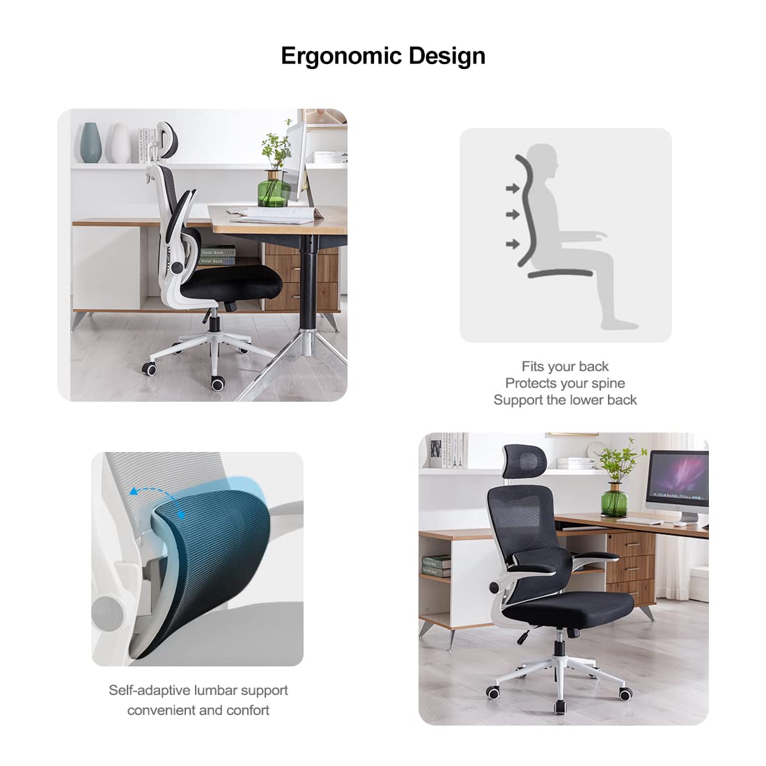 Office Chair Height-Adjustable Ergonomic Desk Chair with Self-Adaptive Lumbar Support, Breathable Mesh Computer Chair High Back Swivel Task Chair with Adjustable Headrest and Flip-up Armrests - White