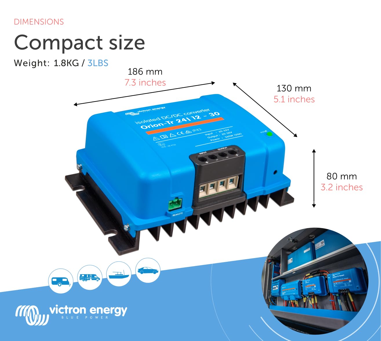 Victron Energy Orion-Tr IP43 24/12-Volt 30 amp 360-Watt DC-DC Converter, Isolated, Blue, 24/12-Volt, 30 Amp - Image 3
