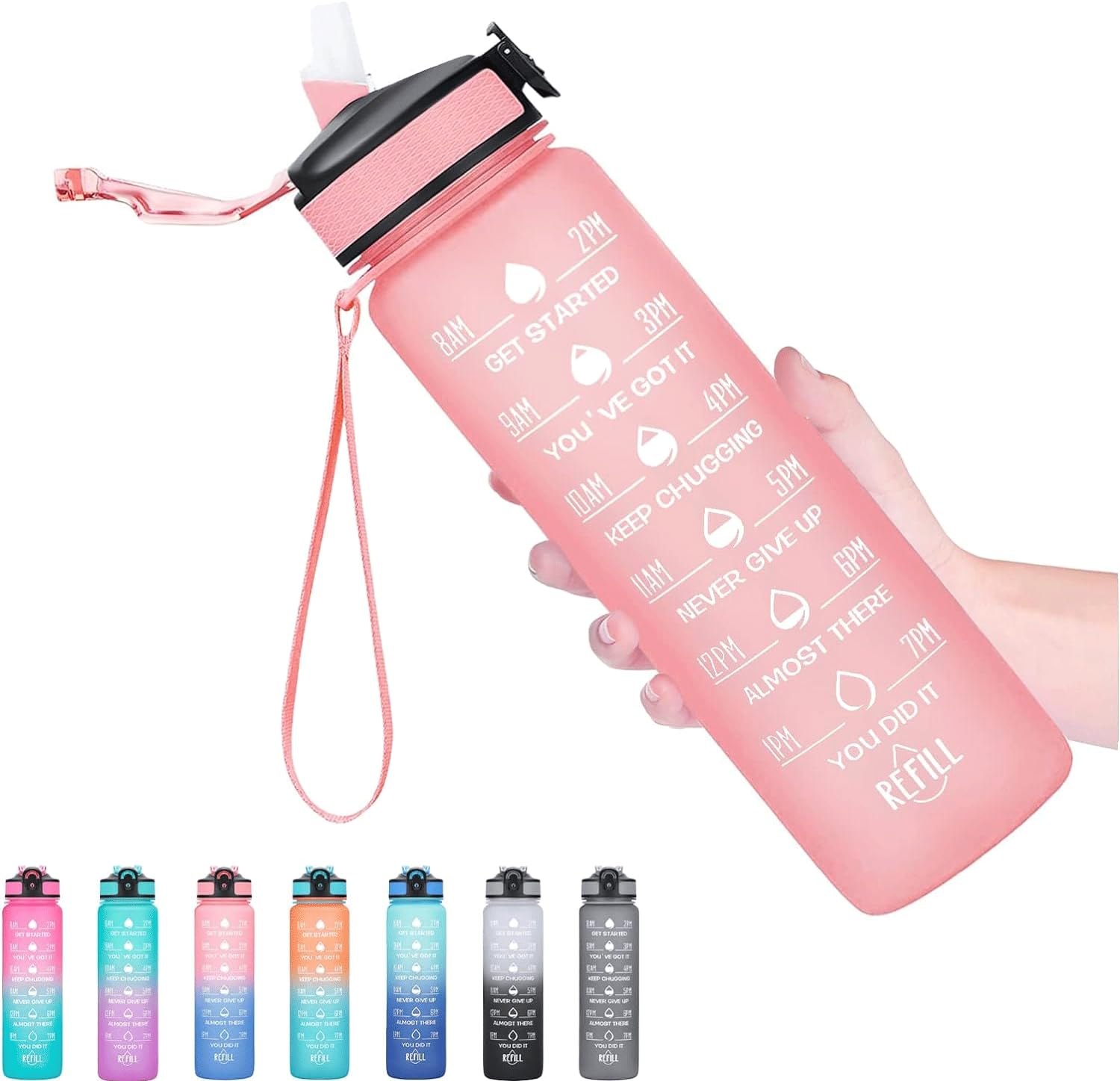 32 oz Water Bottles with Times to Drink and Straw, Motivational Water Bottle with Time Marker, Leakproof & BPA Free, Drinking Sports Water Bottle for Fitness, Gym & Outdoor (Pink)