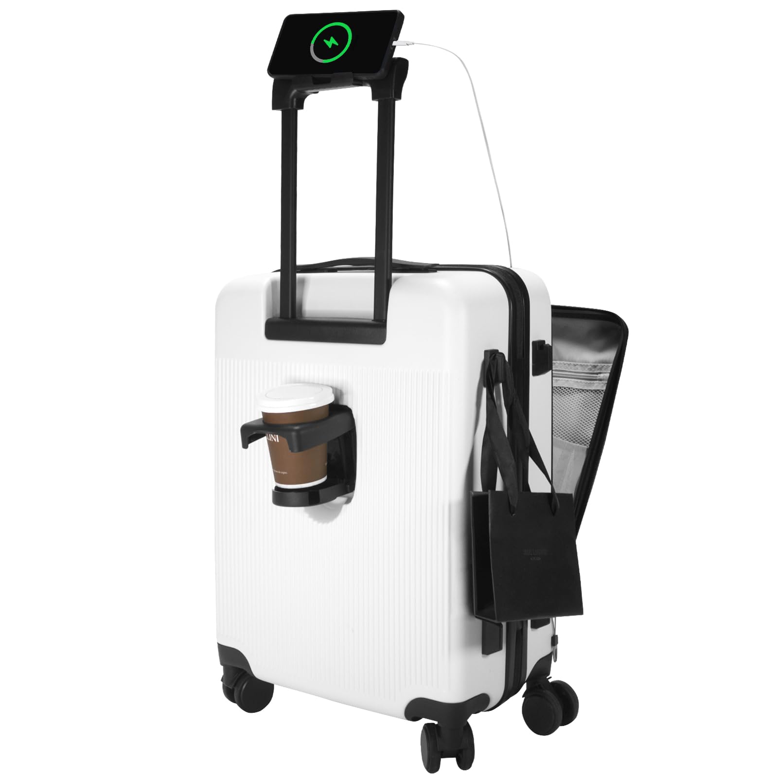 Valigia da 20 pollici con Tasca Frontale per laptop, Trolley Leggera con serratura TSA, valigia bagaglio a mano con Ruote girevoli a 360°, Ricarica USB,Porta bicchieri