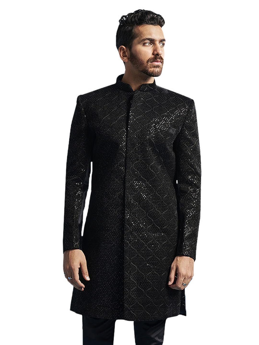 Men's Velvet Sherwani Only Top - Velvet Sequined Embroidered Indo Western-image-6
