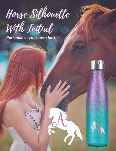 Onebttl Horse Initial Bottle For Girls, Women, Insulated Stainless Steel Water Bottle, For Equestrian, Horse Lovers, Cowgirls, Perfect For Birthday, Back To School, Violet-Blue Gradient Glitter, A #TOP3