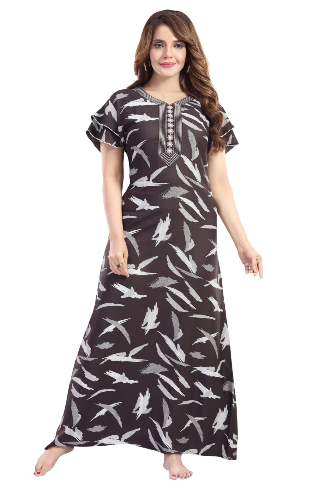 Alpine Women's Printed Nighty with Side Pocket, Designer Sleeves, V-Neck, Full Length Maxi Nightgown Brown-image-20