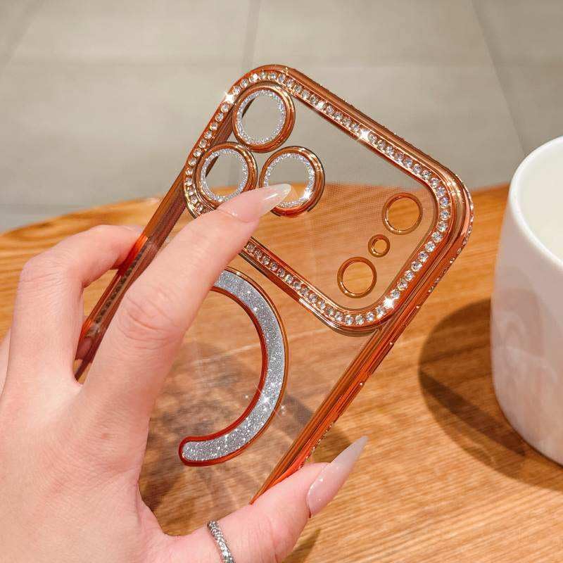 Image of DIZORO Compatible with (iPhone 17 Pro Max Case) Clear Luxury Diamond Glitter Case |Camera Lens Protector with Glitter Ring | Premium Shockproof Glossy Shiny Back Cover Case for Girls Women -Orange