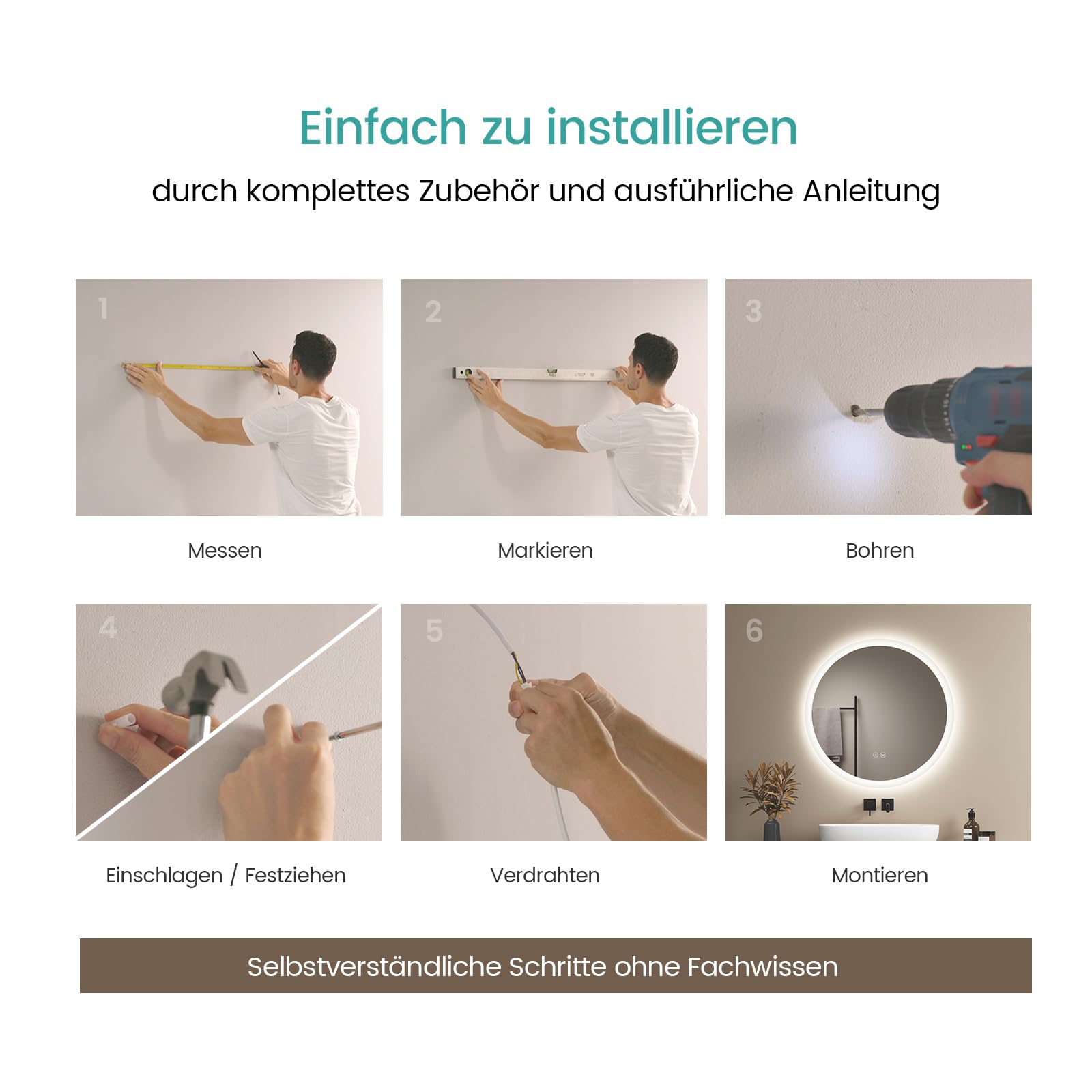 EMKE Badspiegel mit Beleuchtung Rund 50cm, Badezimmerspiegel mit dimmbarer Beleuchtung, 3 Lichtfarben, Antibeschlag, Touch-Schalter und Speicherfunktion, ideal für das Badezimmer