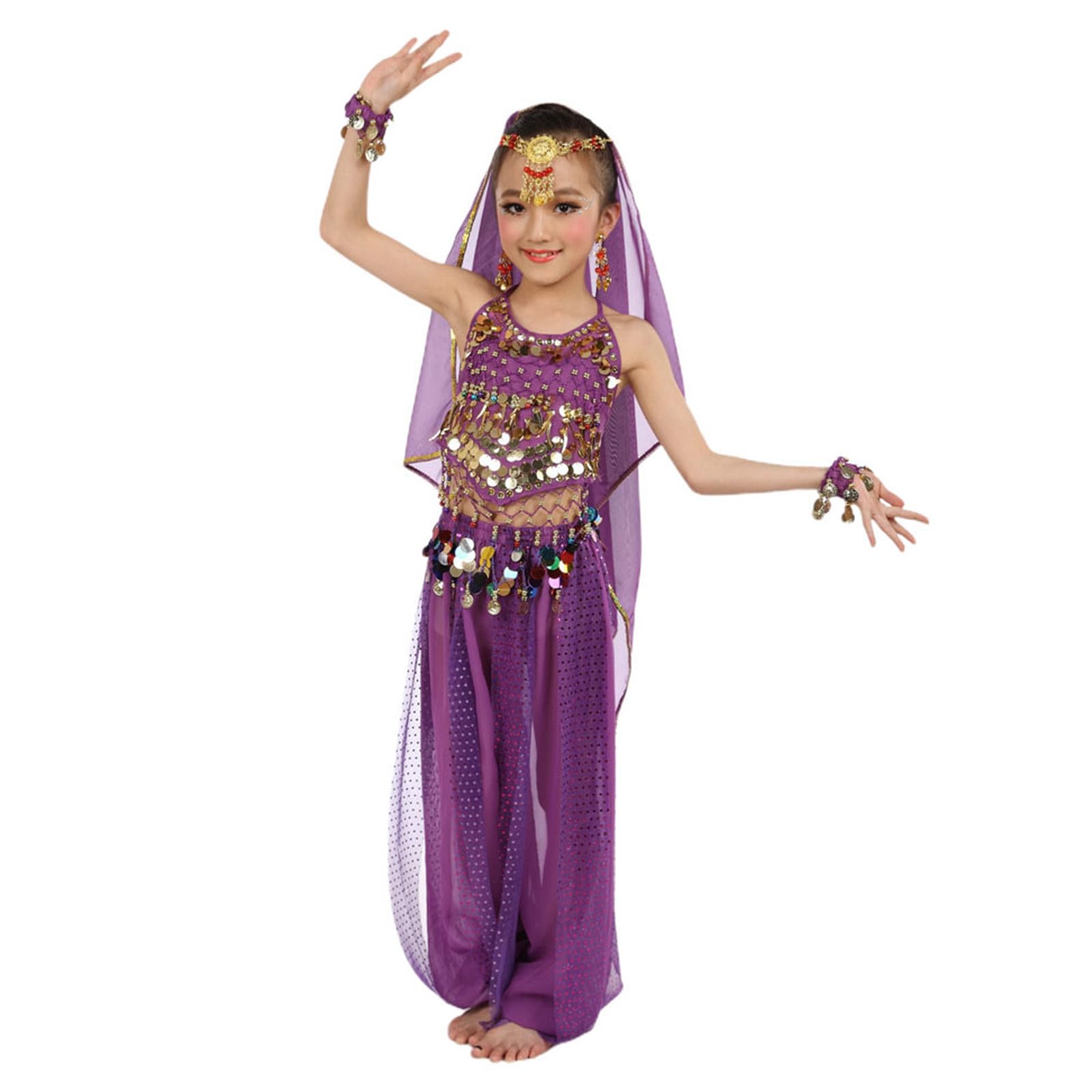 Dance Costume Kids Tops and Pants 2Pcs Kids Indian Belly Girls Costume Performance Outfits Sequin Skirt Arabian Costumes Bollywood Indian Dance Show Halloween Carnival Wear