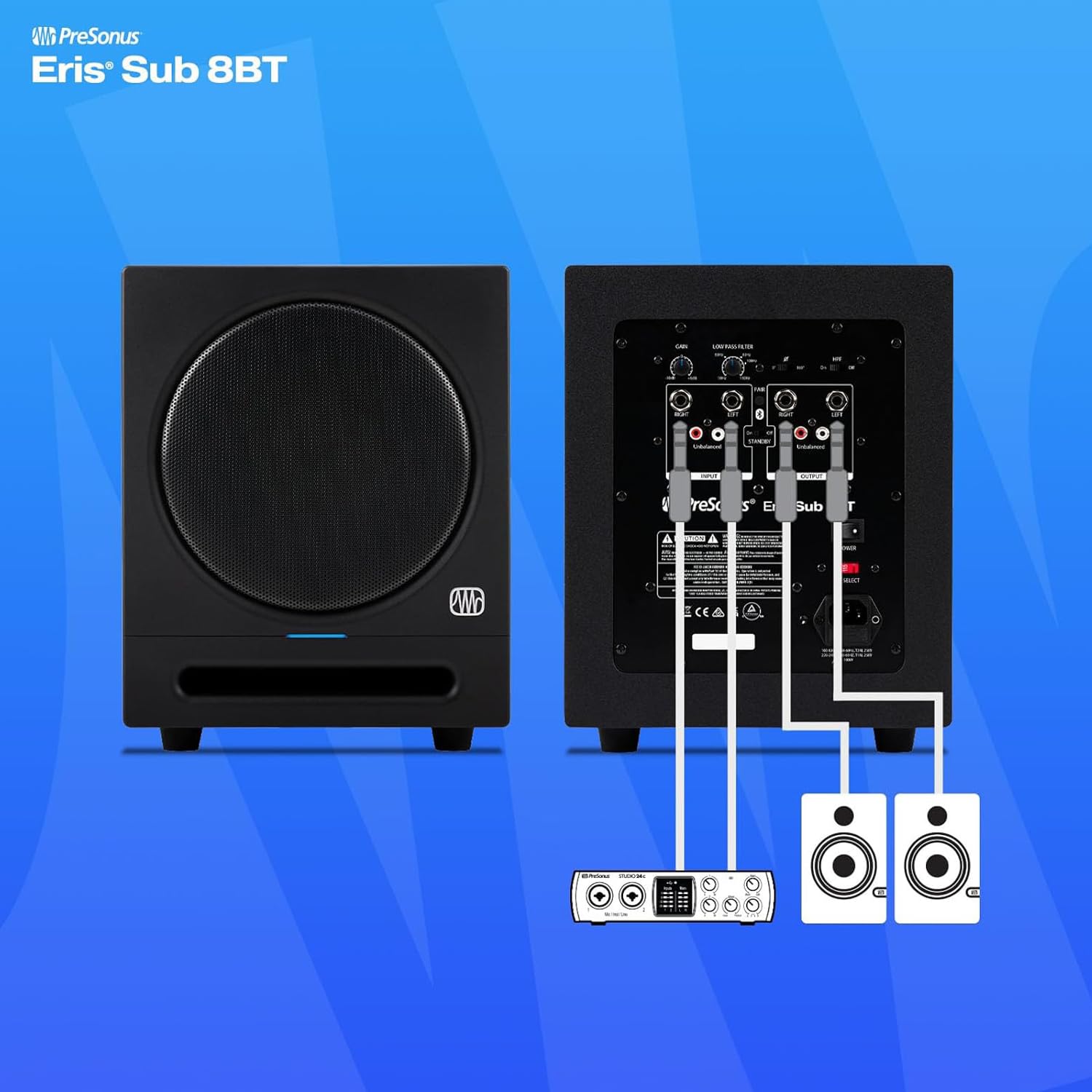 PreSonus Eris Sub 8BT Aktiver Studio-Subwoofer mit Bluetooth 8 Zoll + 2X keepdrum Klinkenkabel