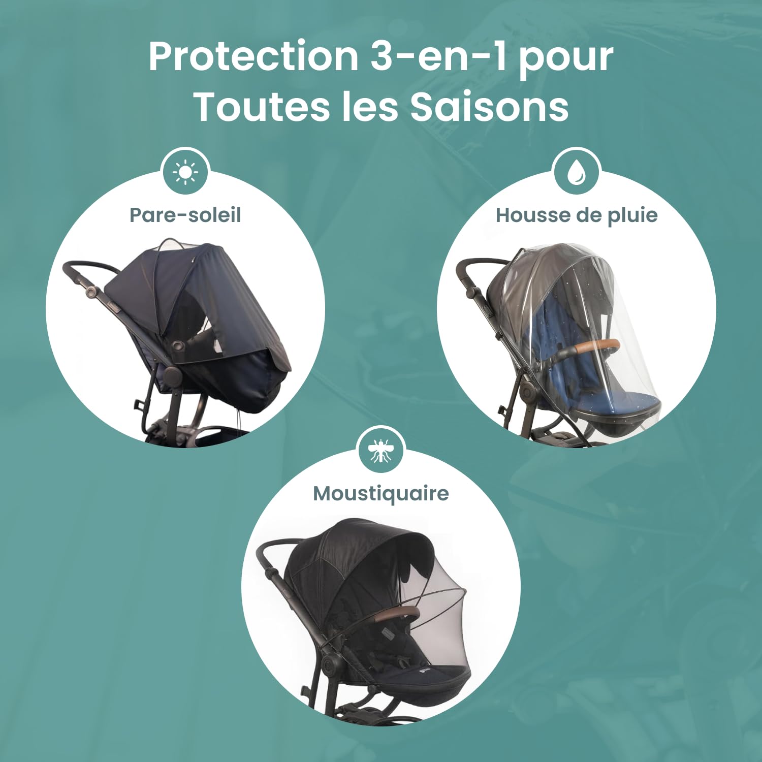Habillage Pluie 3-en-1 Universel pour Poussette | Compatible poussettes, nacelles et sièges auto, Protection UPF 50+, Moustiquaire intégrée, 47% de matériaux recyclés