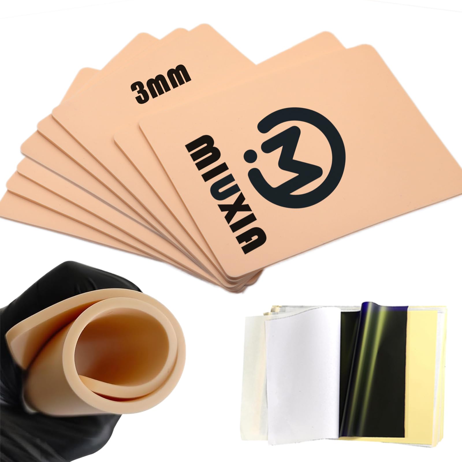 MIUXIA 3MM Tattoo Skin Practice Kit Fake Skin Stencil Paper Kit Includes 5Pcs Best Silicion Thick Skin Double Sided and 20Pcs Tracing Paper Tattoo