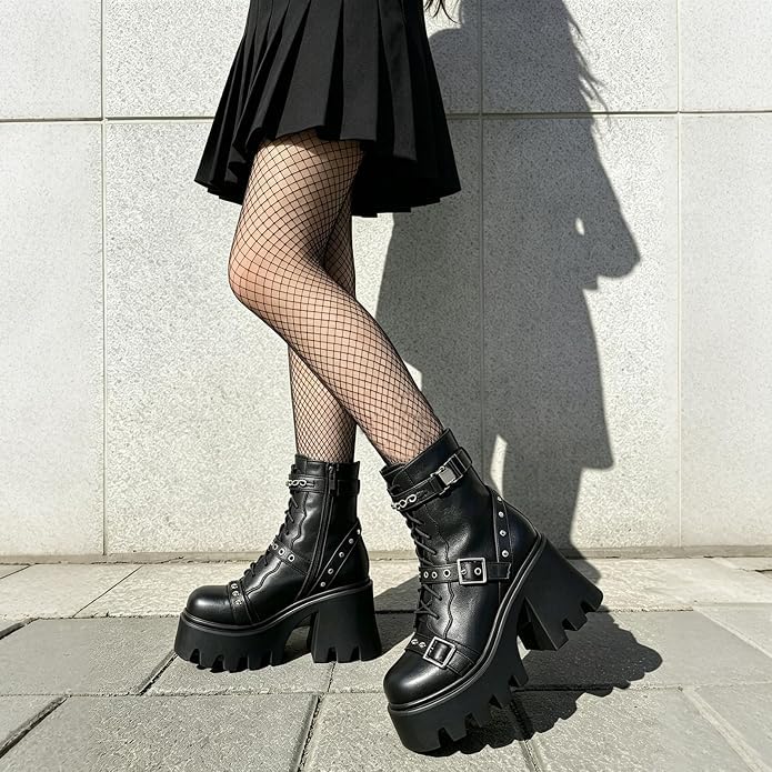 Image of MEOTINA Women Goth Boots Platform Chunky Heel Buckle Combat Ankle Booties | Edgy alt goth punk rave aesthetic for dress styling, rivets, lace up ,zip and lug sole design, black and white colors